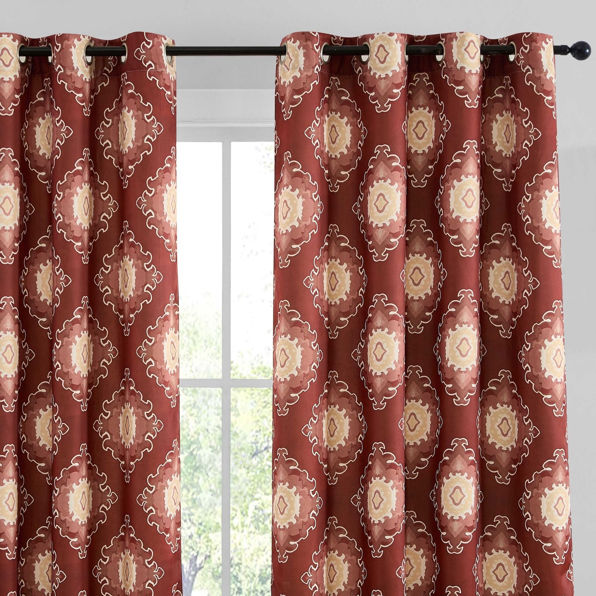Liam Ogee Ikatt Damask Grommet Window Curtains - Pair