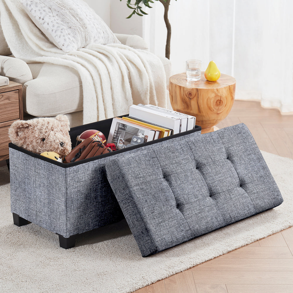 Foldable Tufted 30 Inch Linen Bench Storage Ottoman with Legs