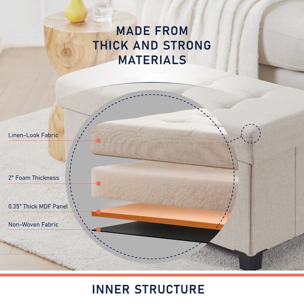 Foldable Tufted 30 Inch Linen Bench Storage Ottoman with Legs - Beige