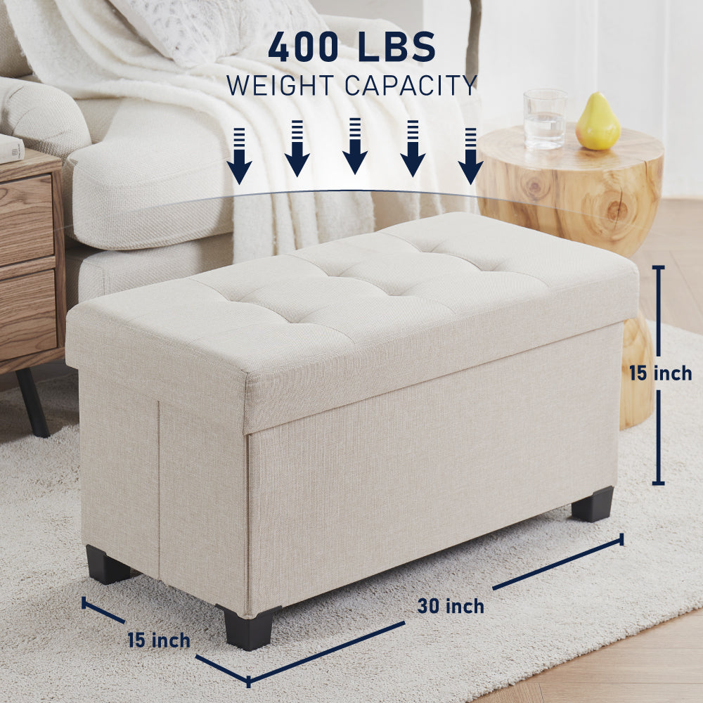 Foldable Tufted 30 Inch Linen Bench Storage Ottoman with Legs - Beige