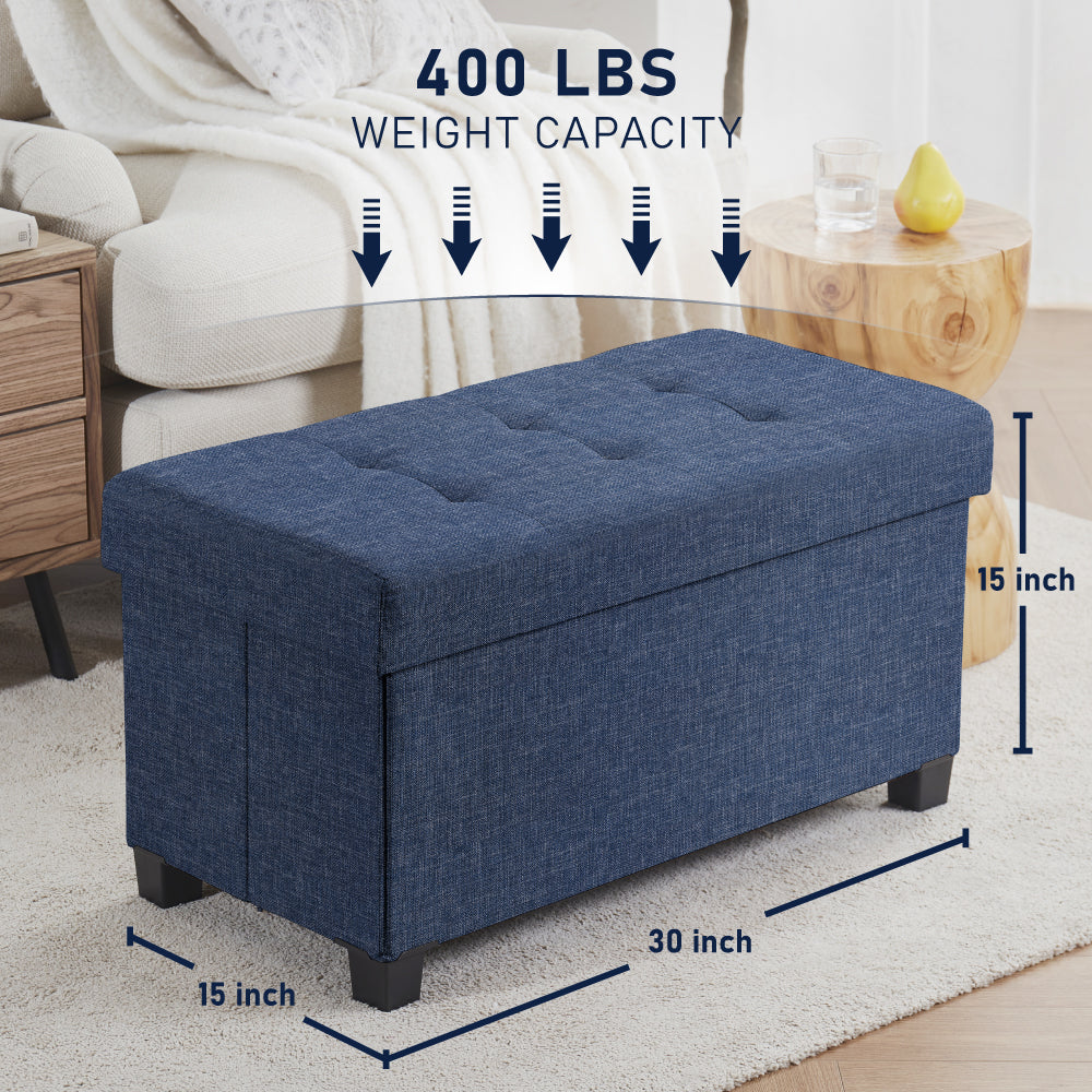 Foldable Tufted 30 Inch Linen Bench Storage Ottoman with Legs - Navy