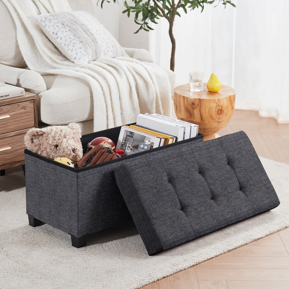 Foldable Tufted 30 Inch Linen Bench Storage Ottoman with Legs