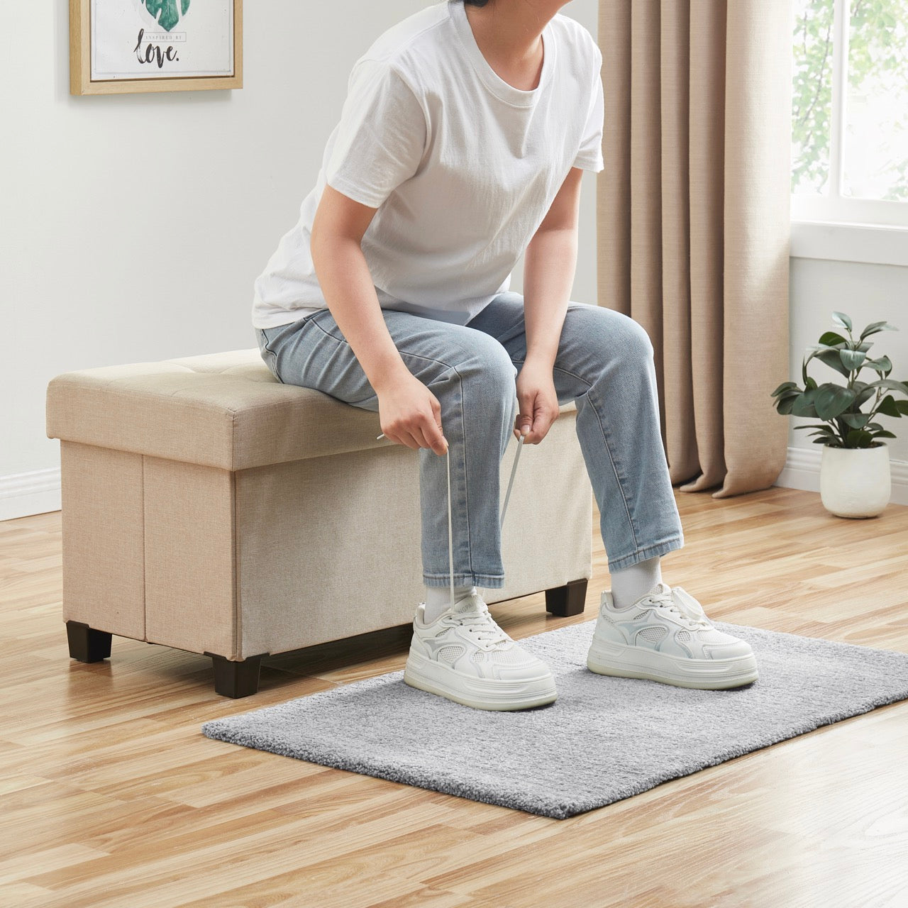 Foldable Tufted 30 Inch Linen Bench Storage Ottoman with Legs