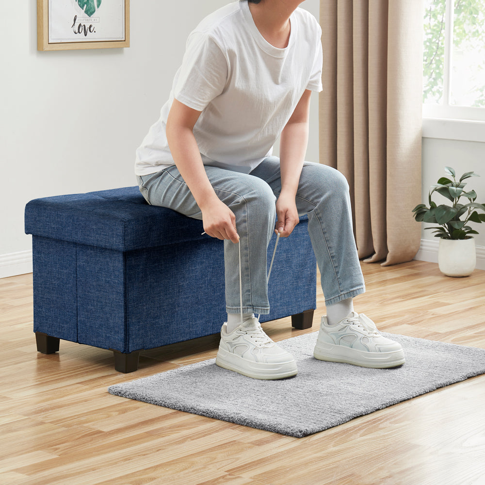 Foldable Tufted 30 Inch Linen Bench Storage Ottoman with Legs - Navy