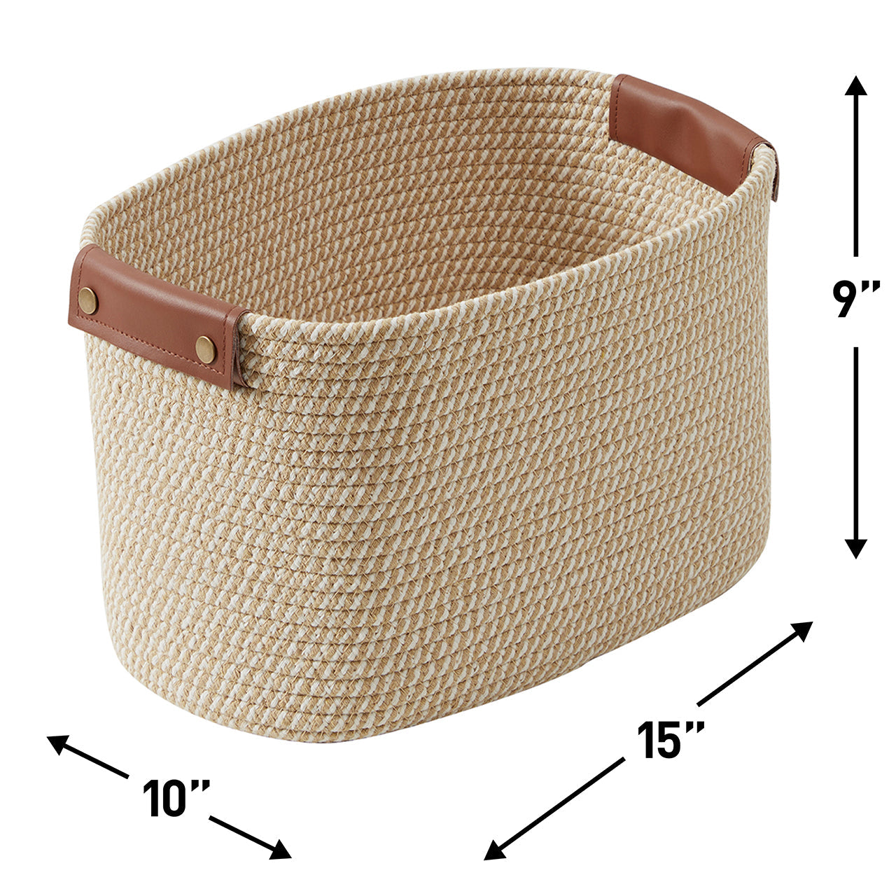 3 Pack Woven Cotton Rope Shelf Storage Basket with Leather Handles