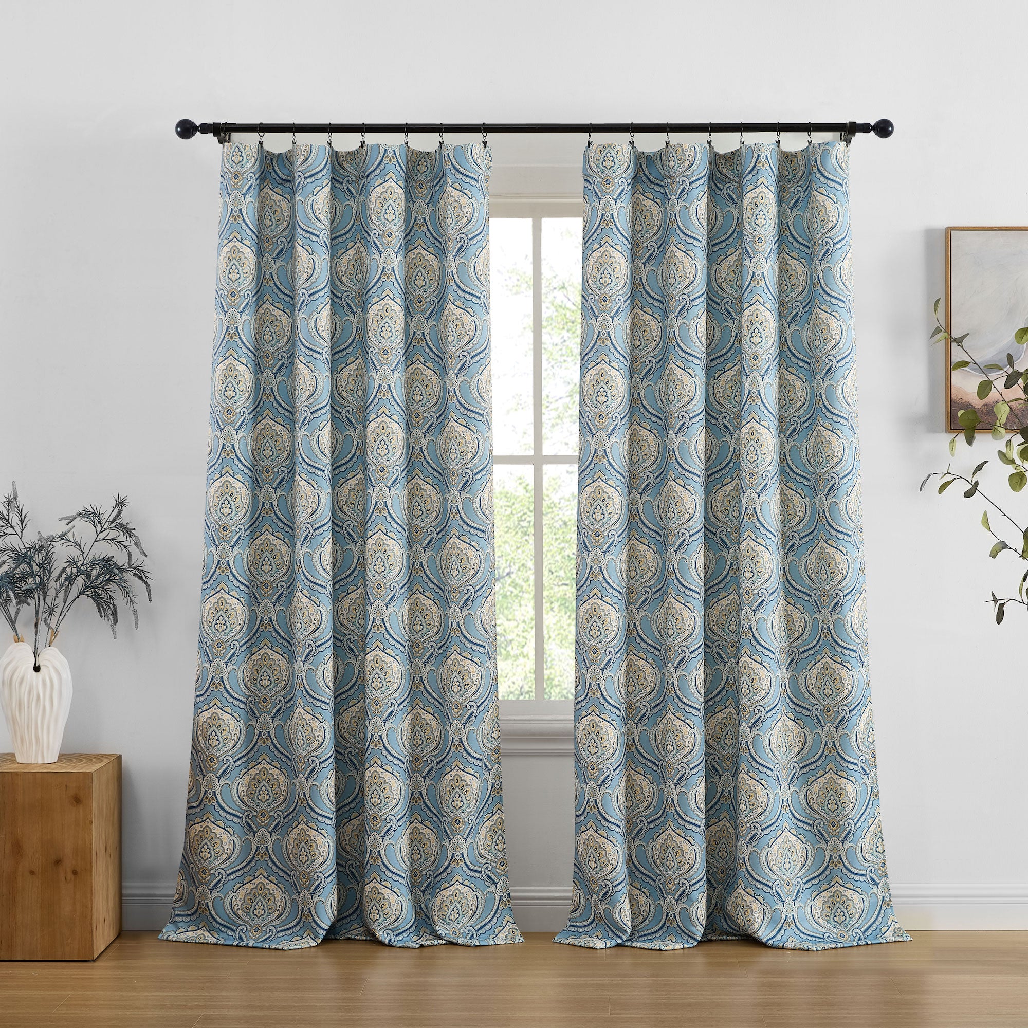 Messina Paisley Damask Back Tab Rod Pocket Window Curtains - Pair