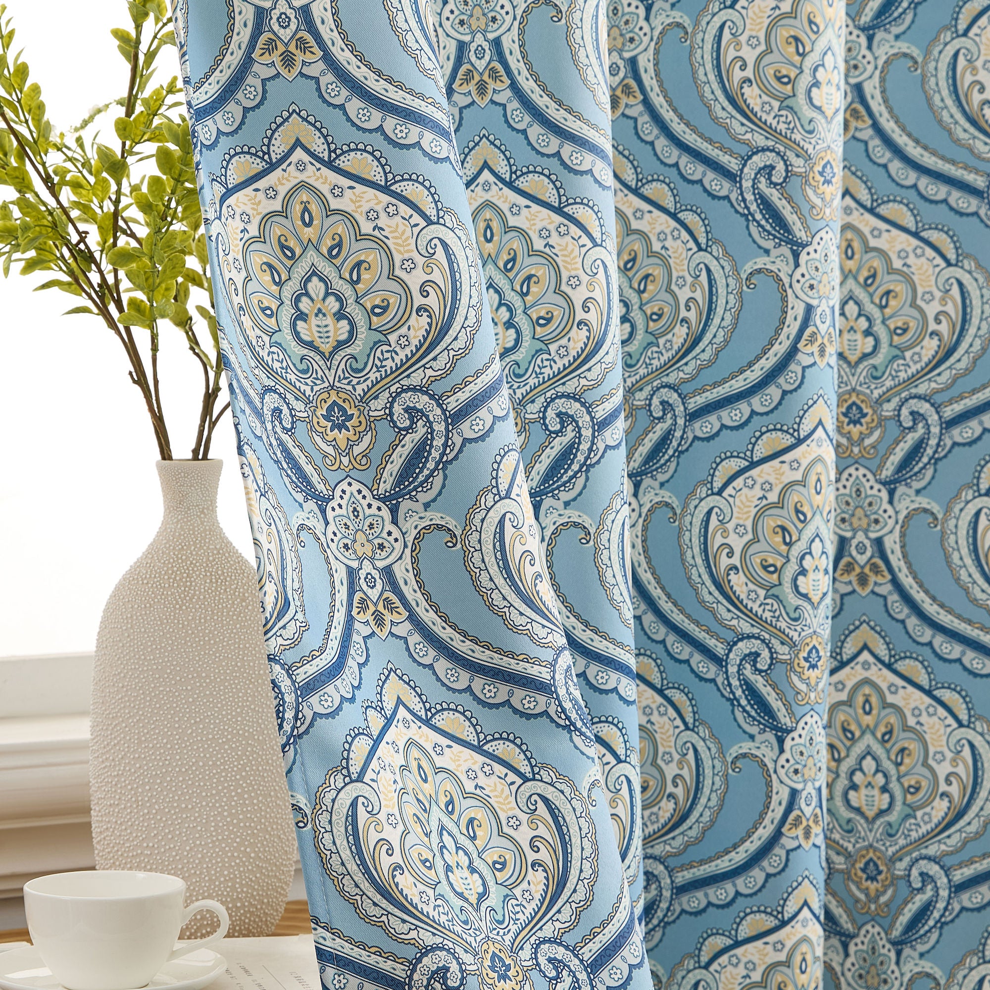 Messina Paisley Damask Back Tab Rod Pocket Window Curtains - Pair