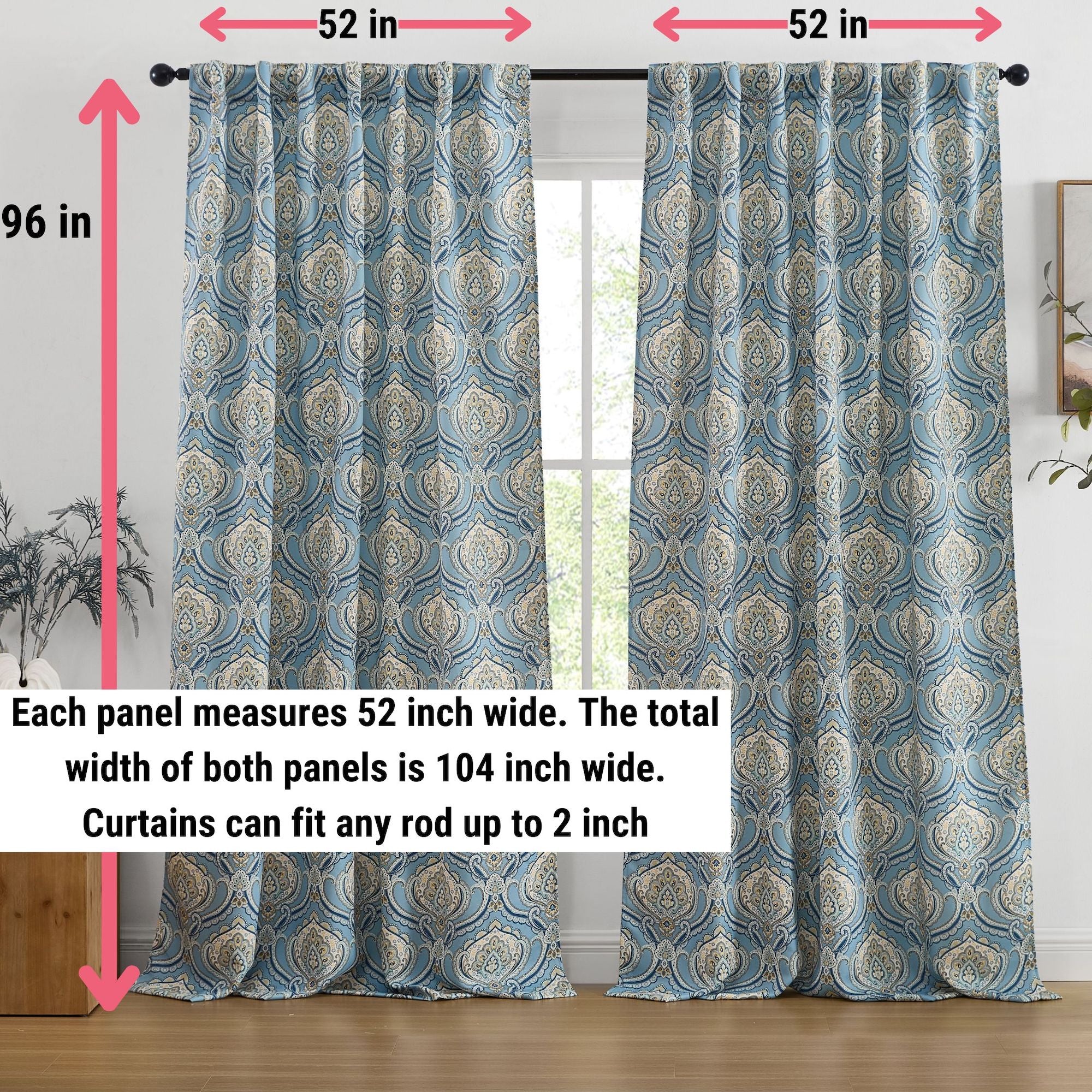 Messina Paisley Damask Back Tab Rod Pocket Window Curtains - Pair