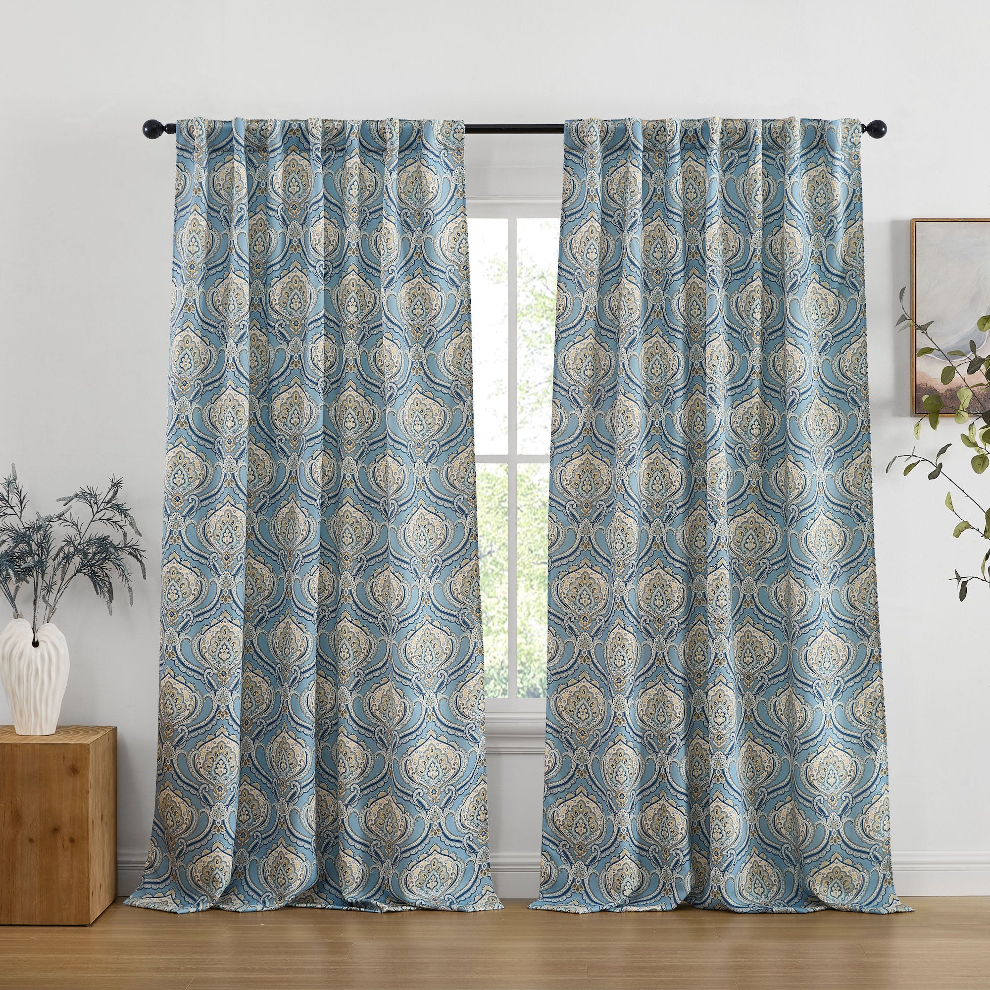 Messina Paisley Damask Back Tab Rod Pocket Window Curtains - Pair