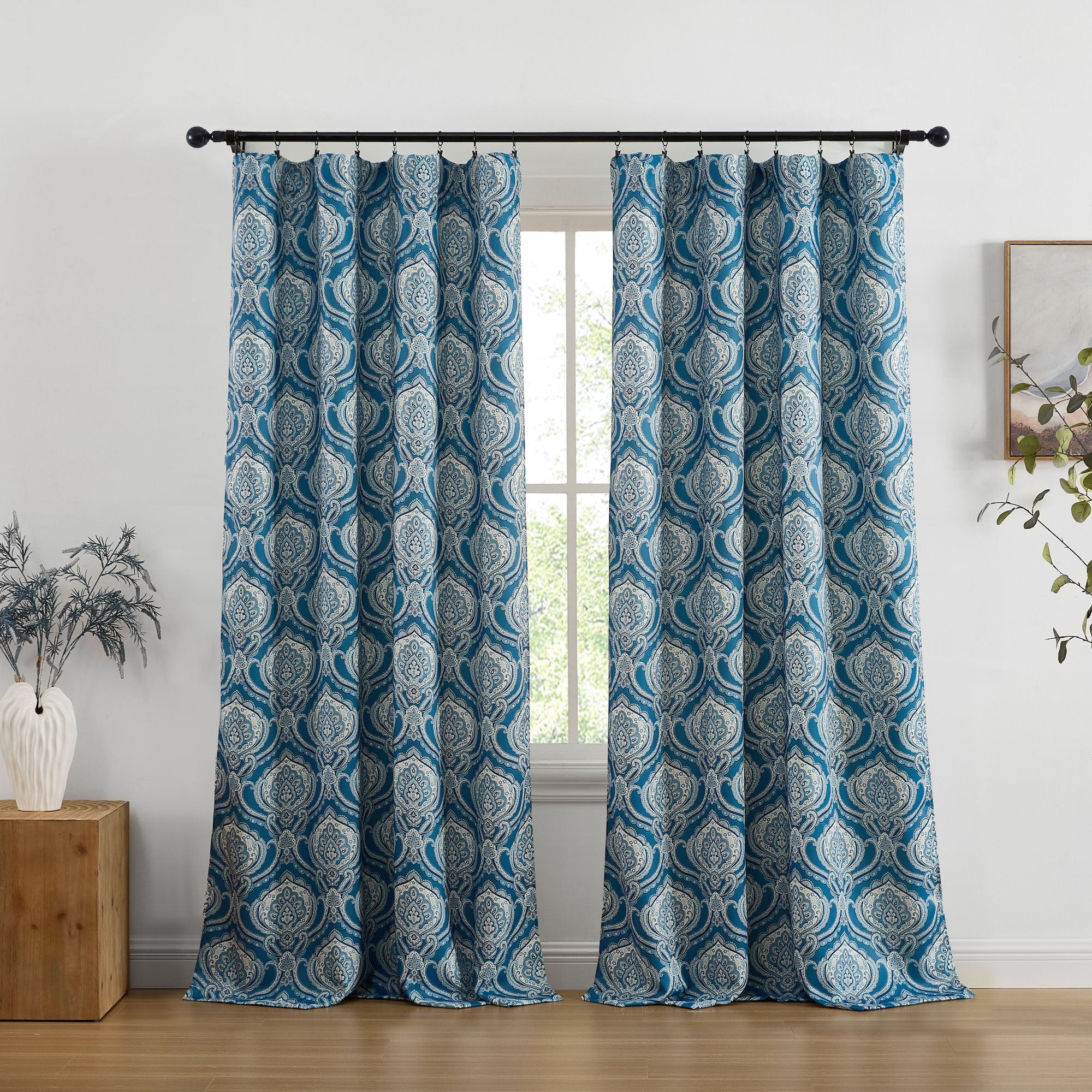 Messina Paisley Damask Back Tab Rod Pocket Window Curtains - Pair
