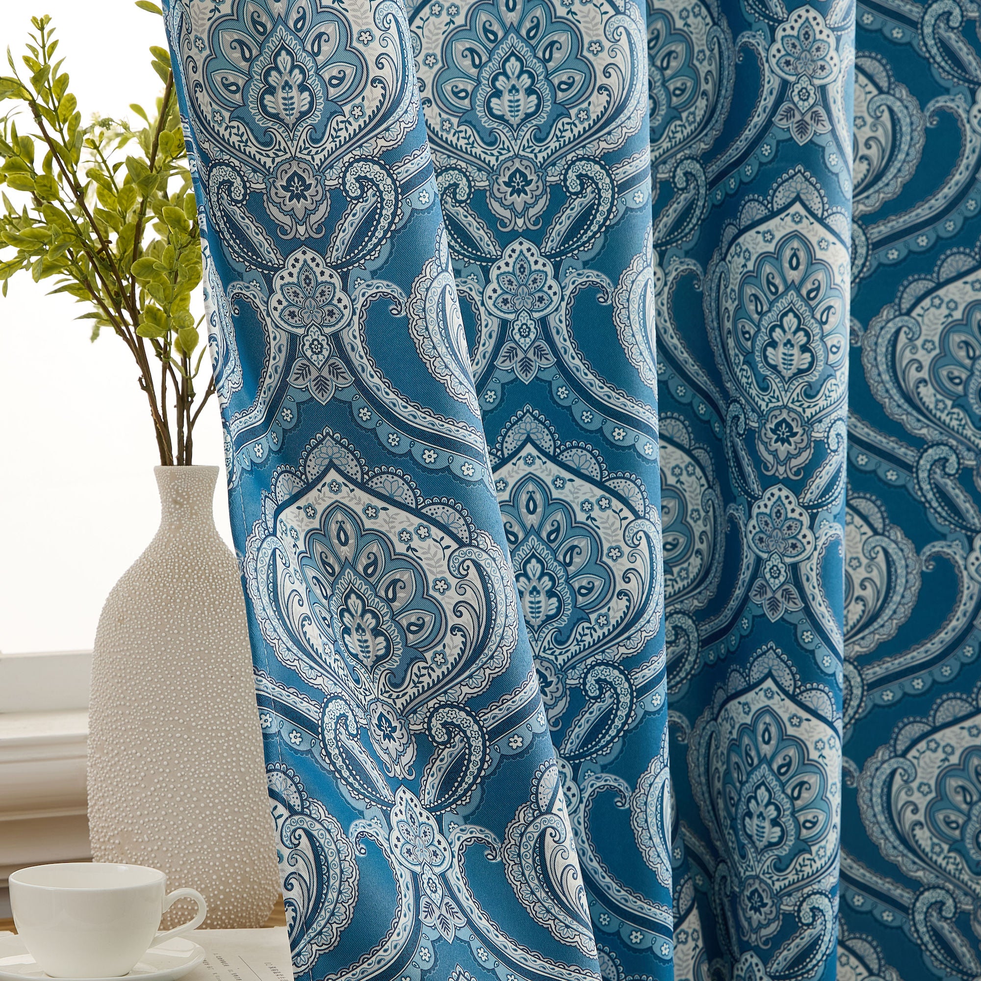 Messina Paisley Damask Back Tab Rod Pocket Window Curtains - Pair