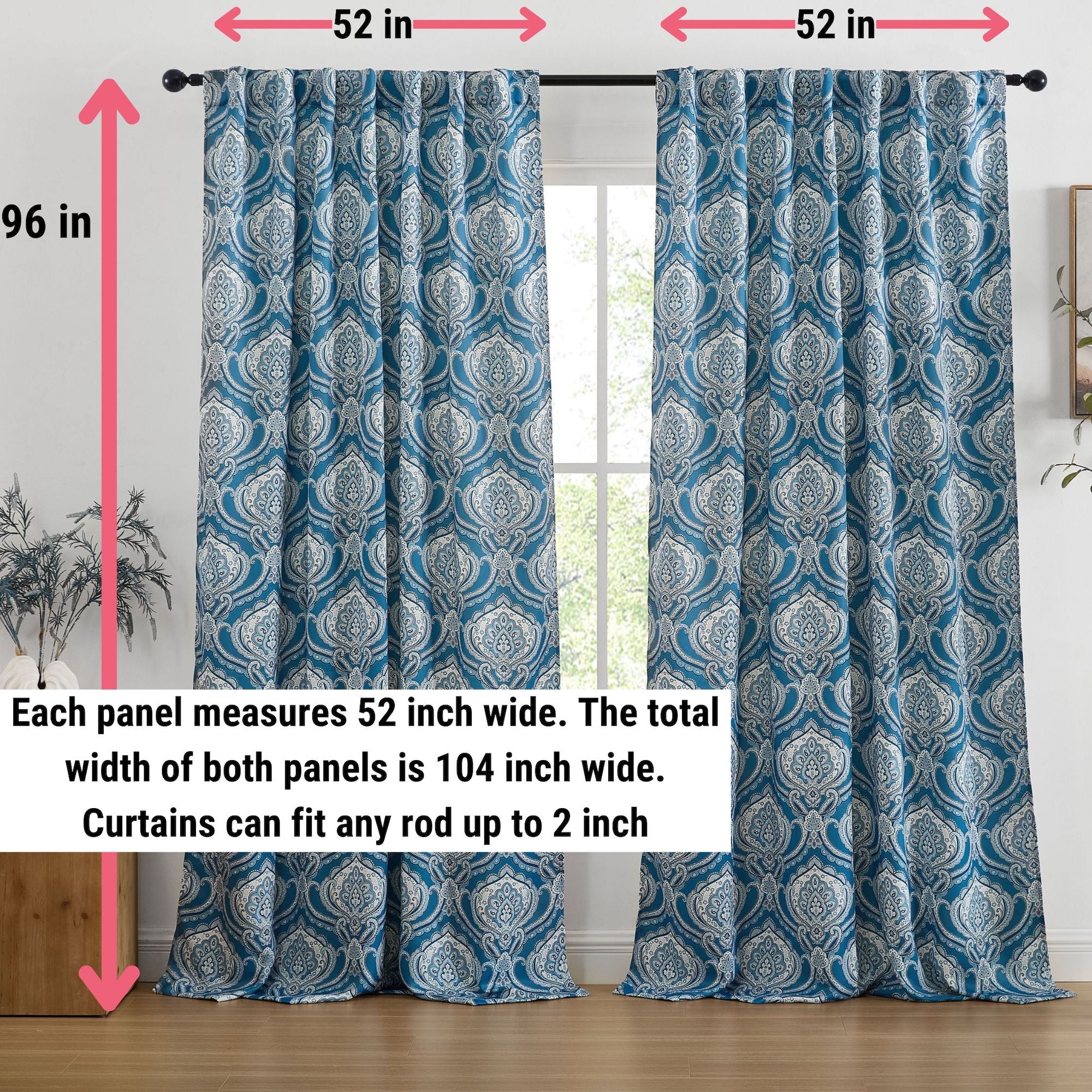 Messina Paisley Damask Back Tab Rod Pocket Window Curtains - Pair