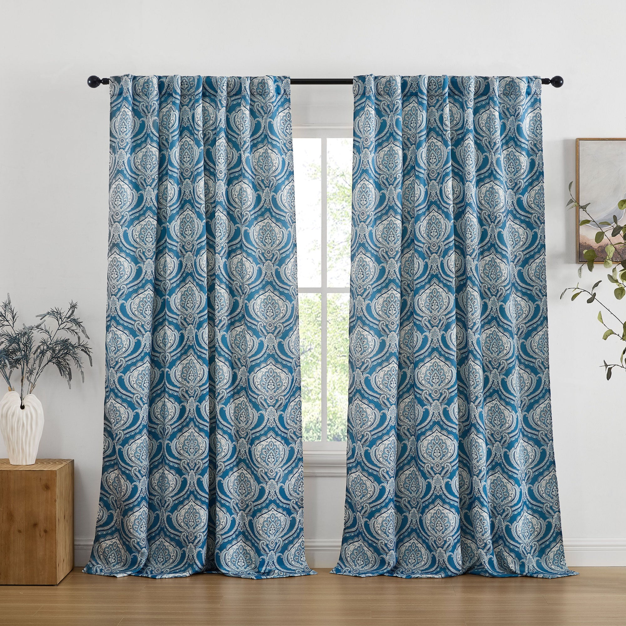 Messina Paisley Damask Back Tab Rod Pocket Window Curtains - Pair