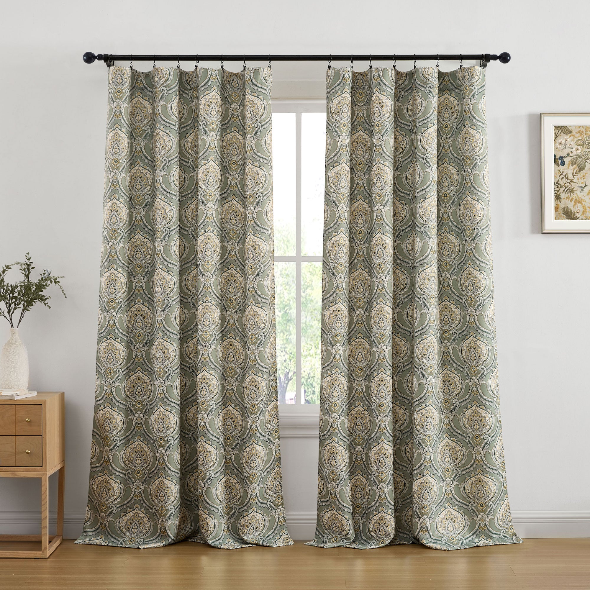 Messina Paisley Damask Back Tab Rod Pocket Window Curtains - Pair