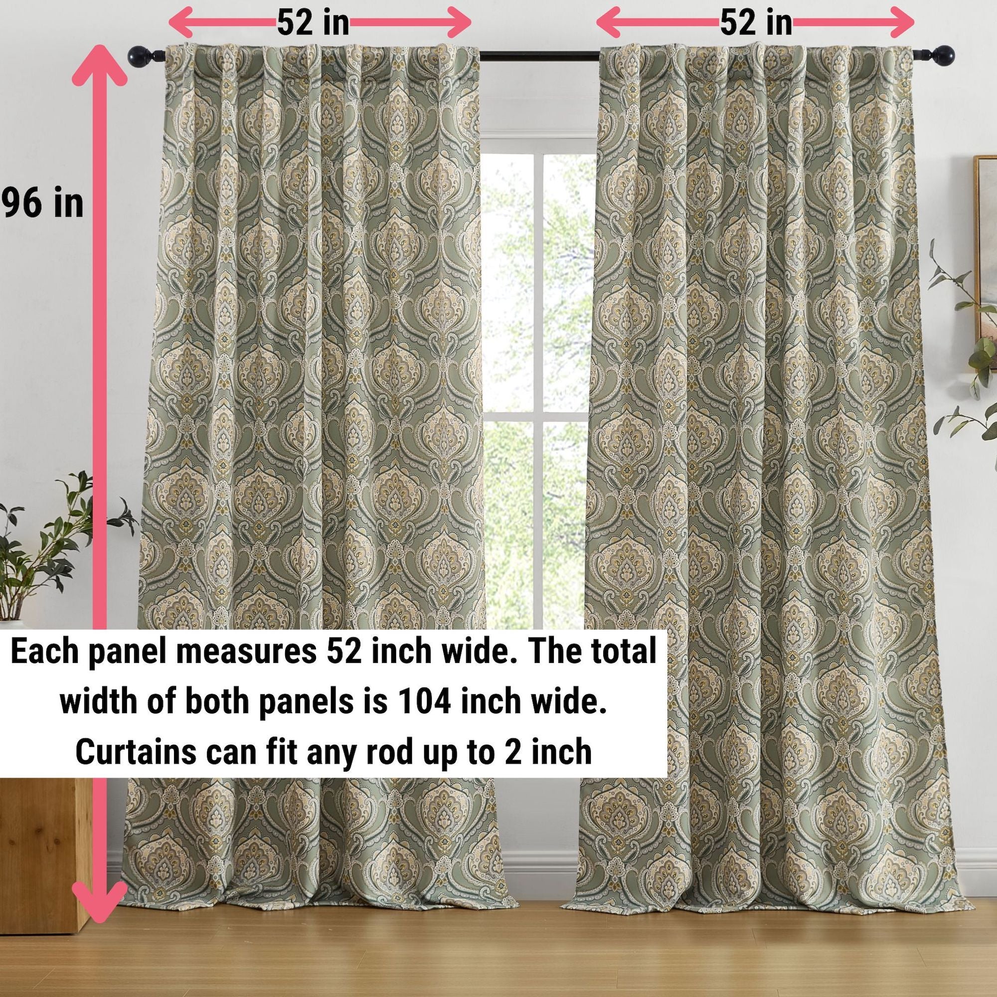 Messina Paisley Damask Back Tab Rod Pocket Window Curtains - Pair