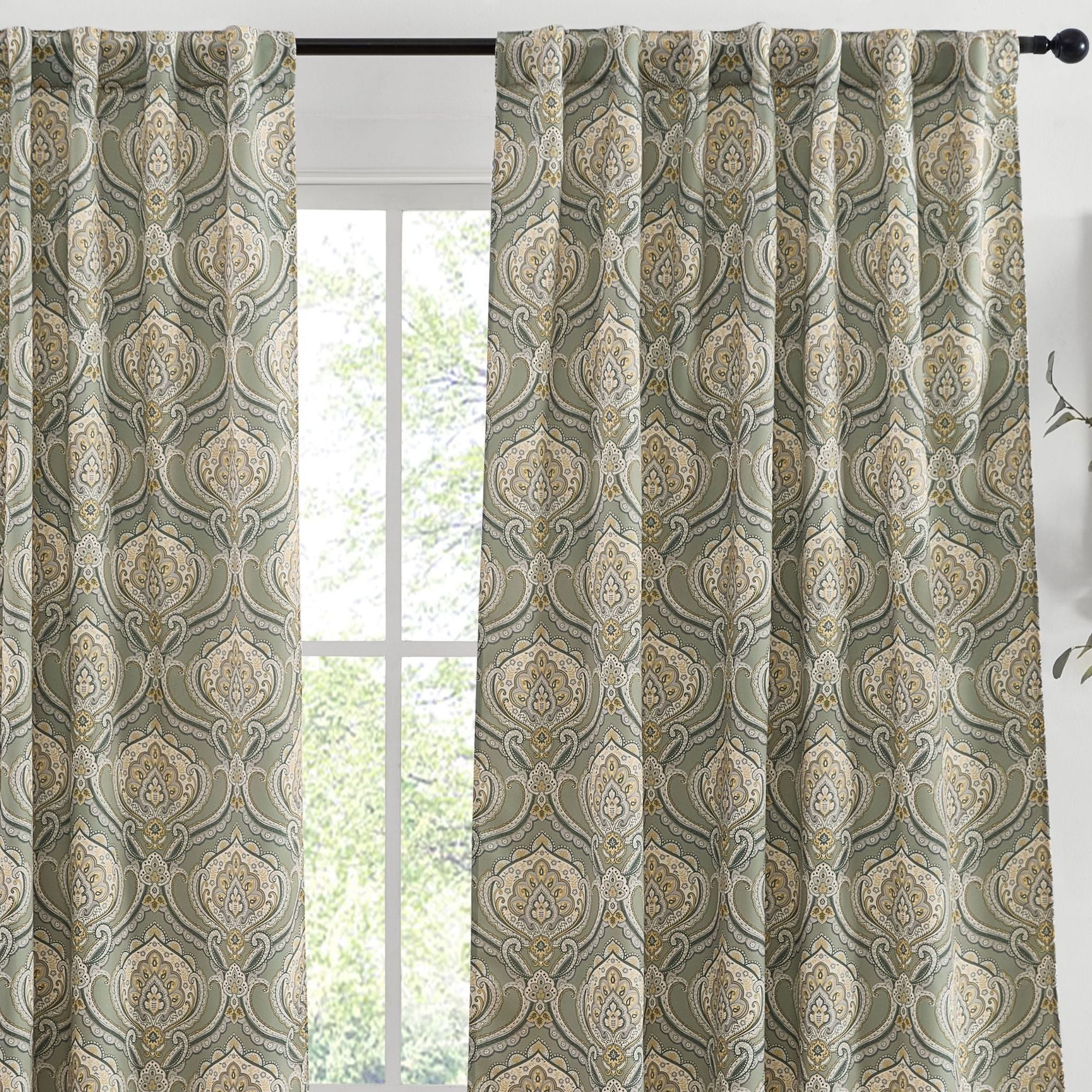 Messina Paisley Damask Back Tab Rod Pocket Window Curtains - Pair