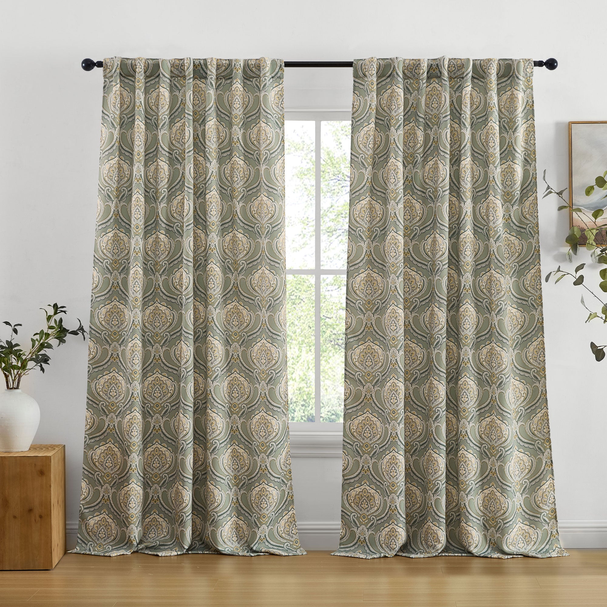 Messina Paisley Damask Back Tab Rod Pocket Window Curtains - Pair
