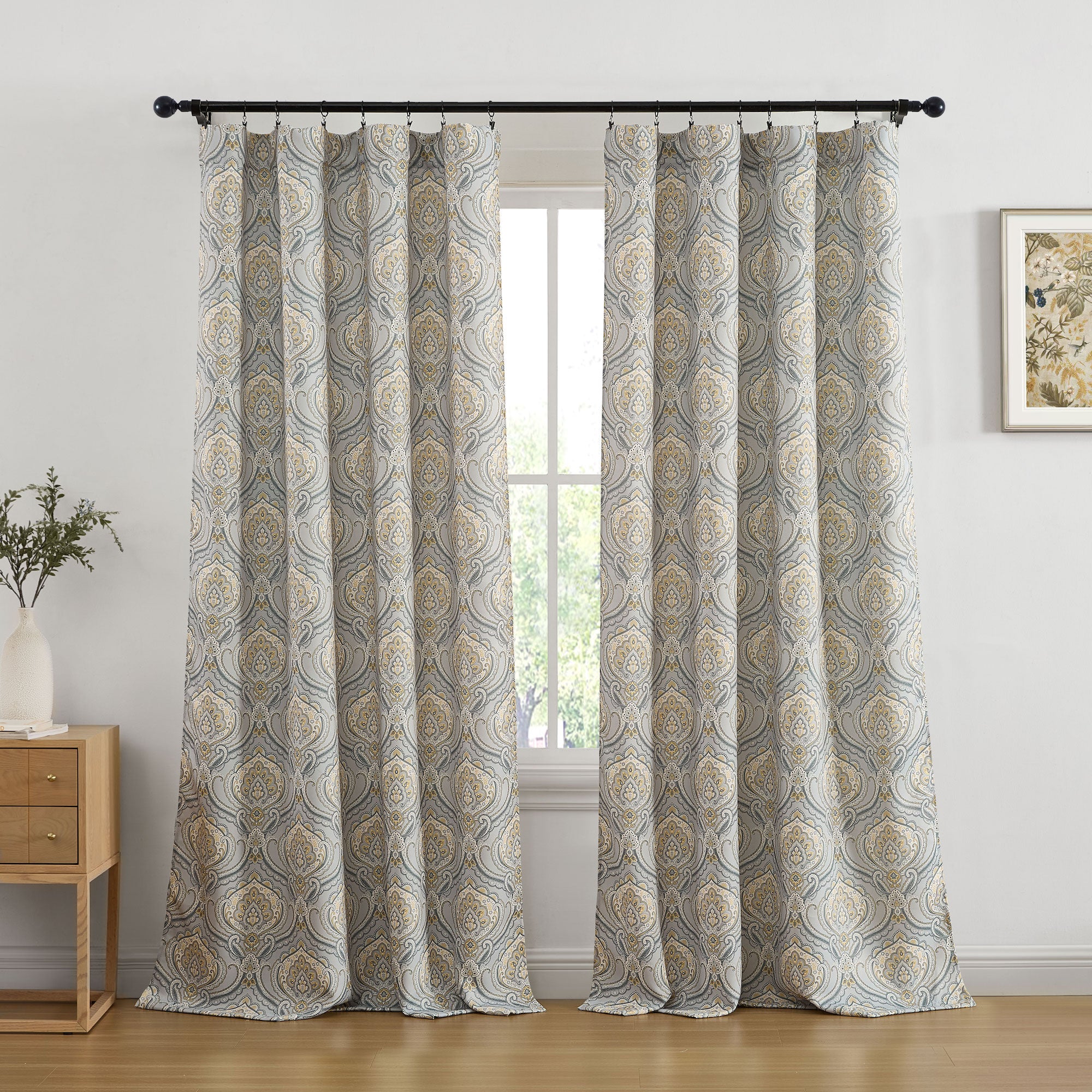 Messina Paisley Damask Back Tab Rod Pocket Window Curtains - Pair