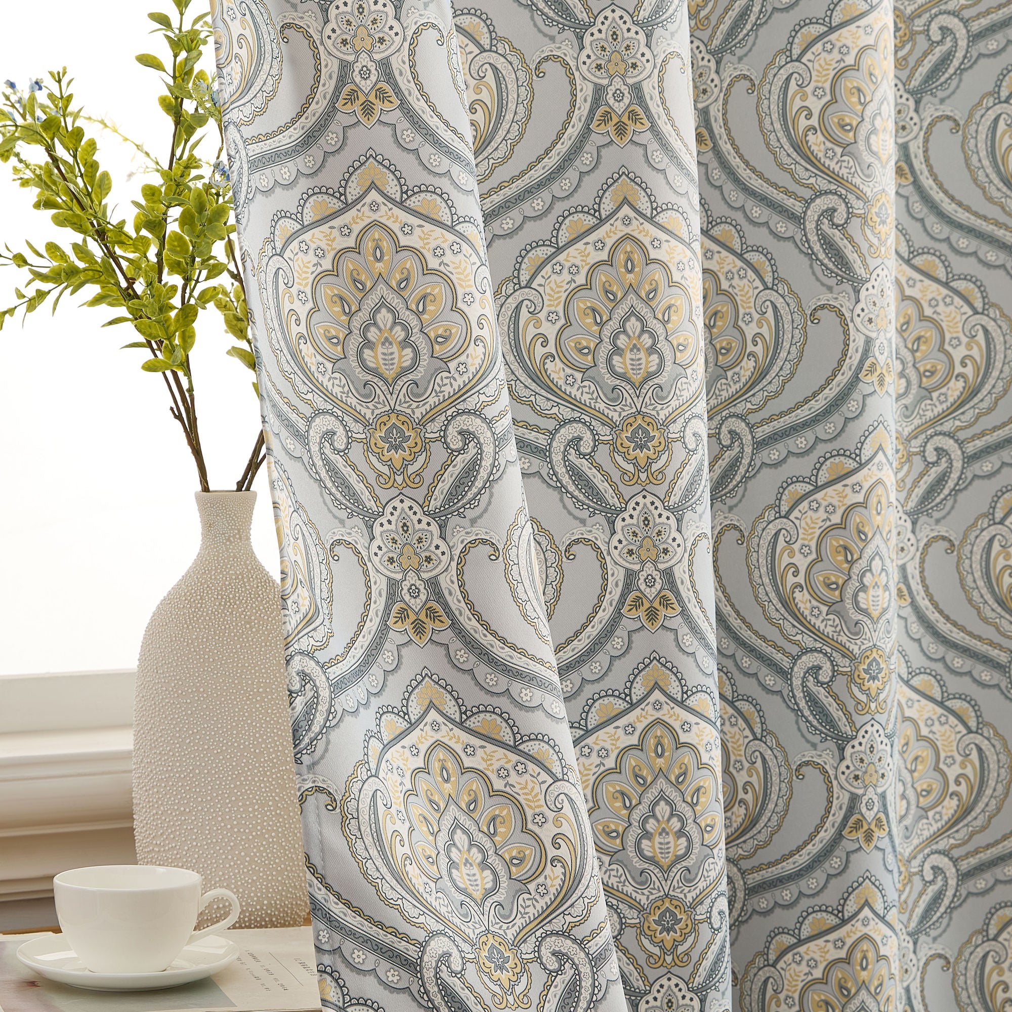 Messina Paisley Damask Back Tab Rod Pocket Window Curtains - Pair