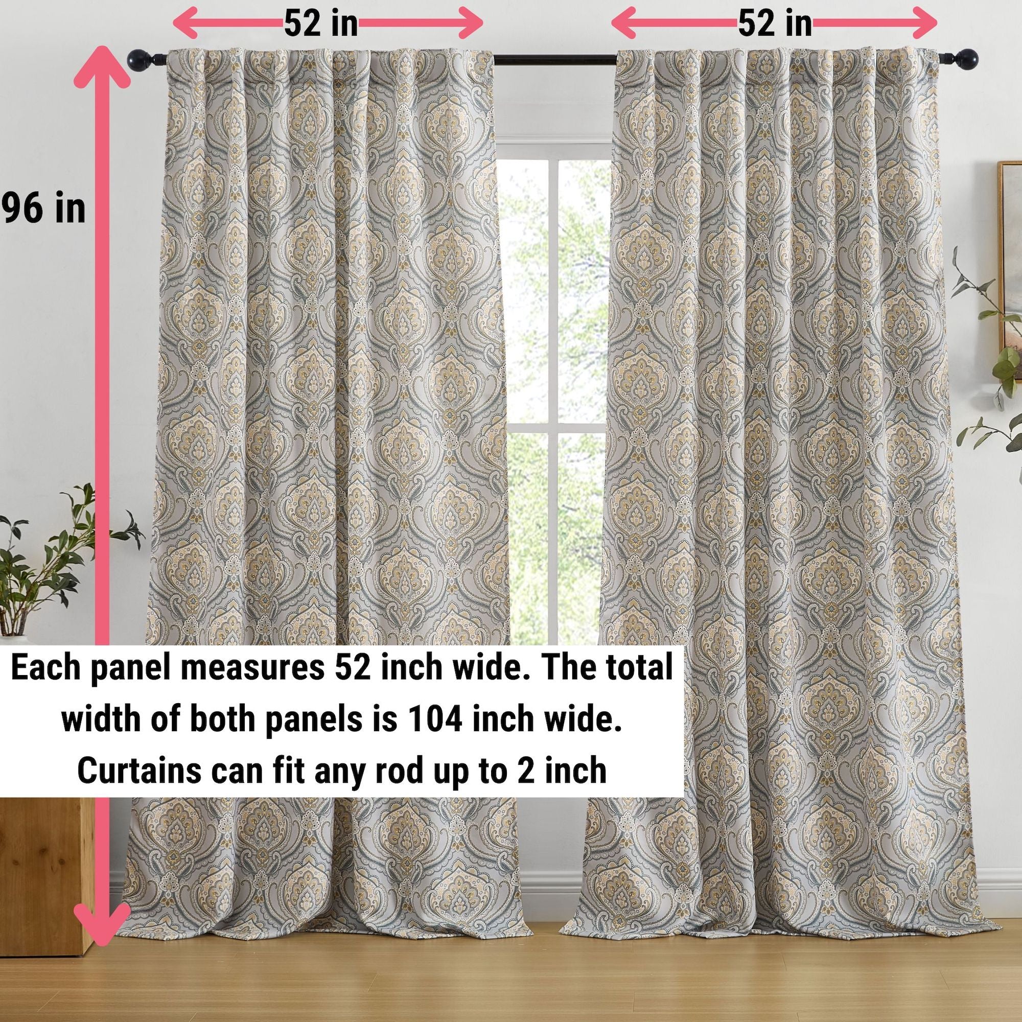 Messina Paisley Damask Back Tab Rod Pocket Window Curtains - Pair