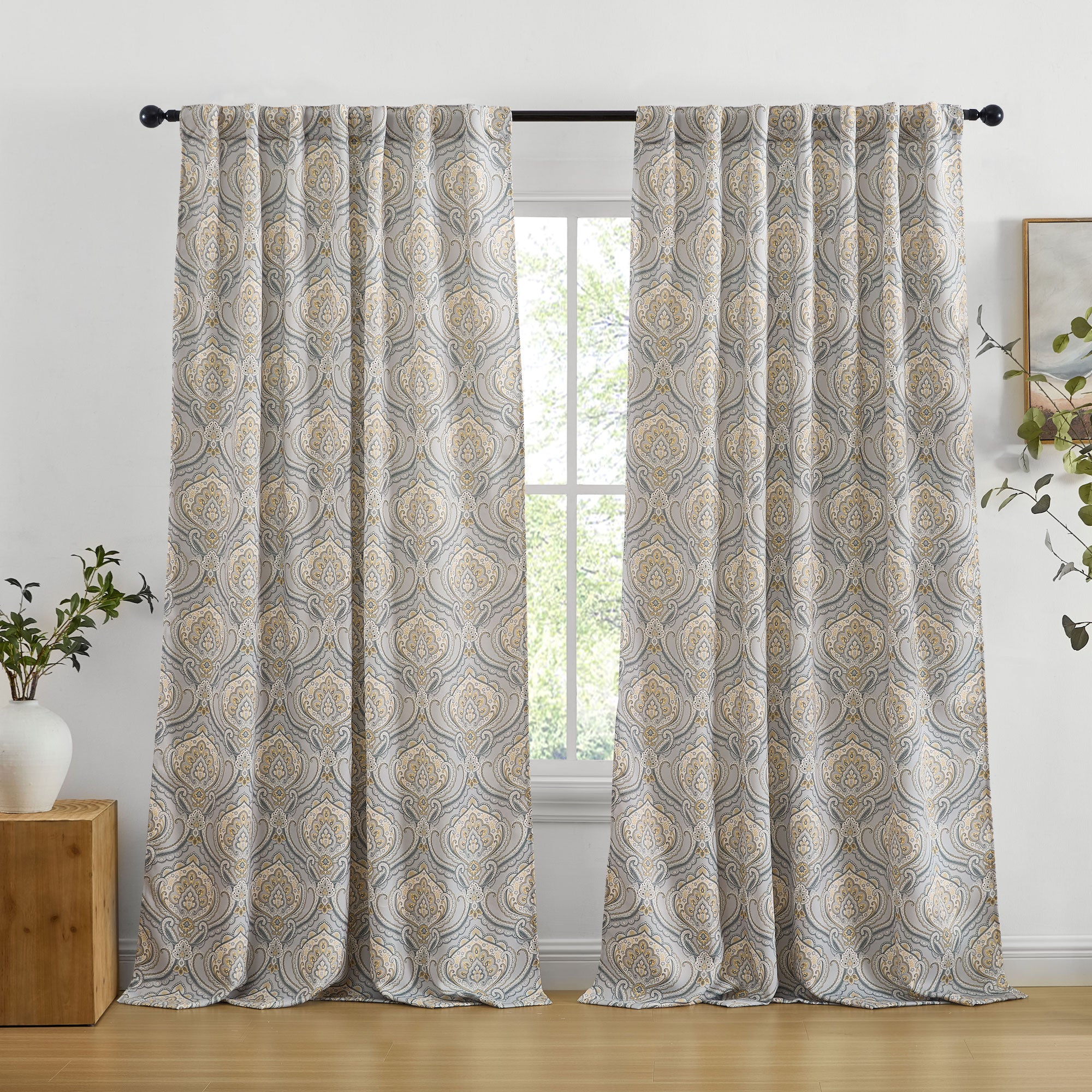 Messina Paisley Damask Back Tab Rod Pocket Window Curtains - Pair