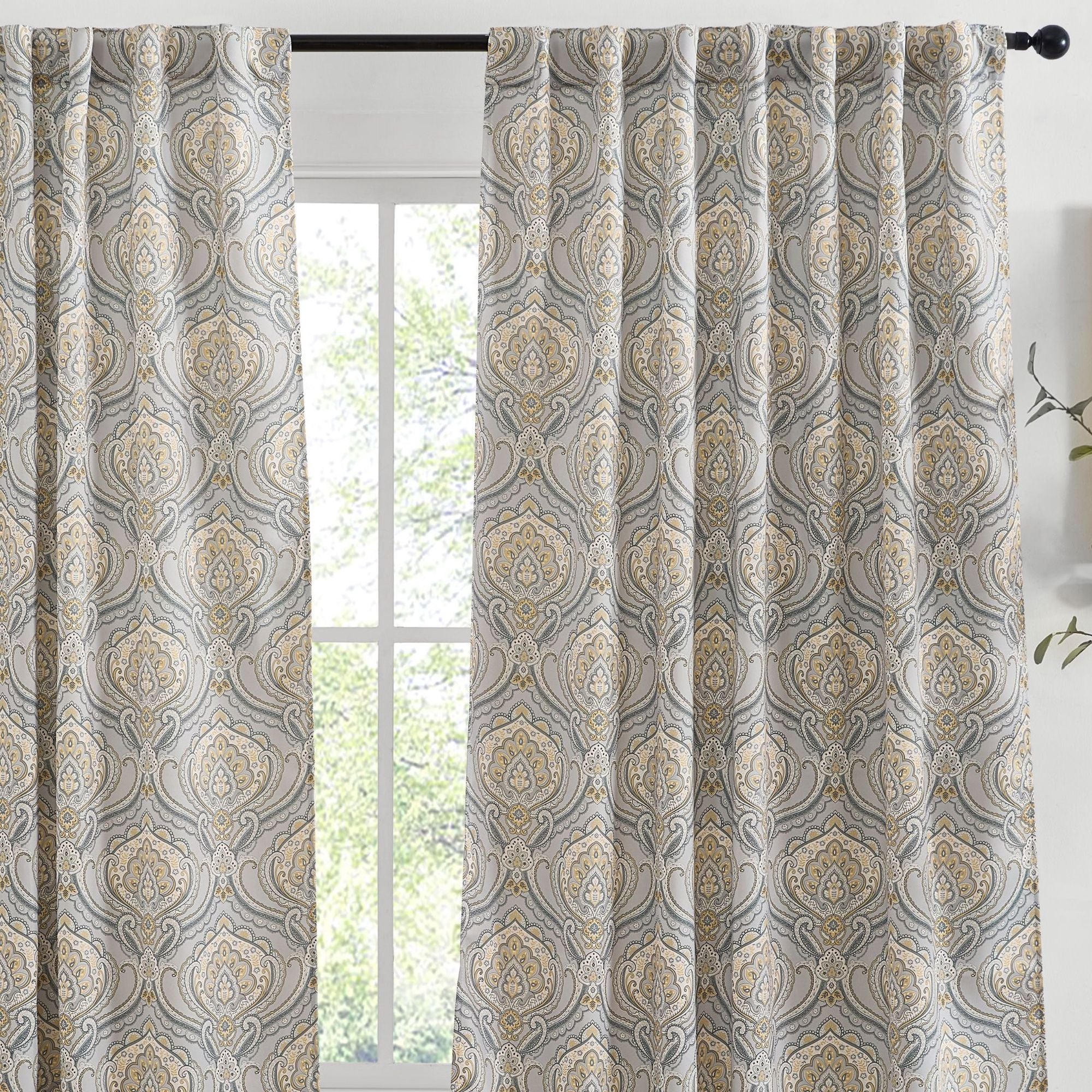 Messina Paisley Damask Back Tab Rod Pocket Window Curtains - Pair
