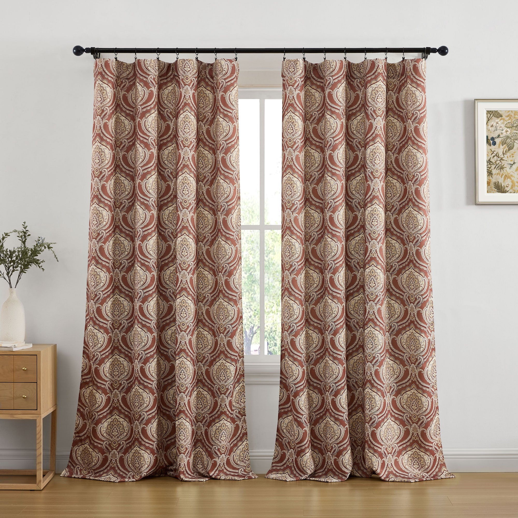 Messina Paisley Damask Back Tab Rod Pocket Window Curtains - Pair