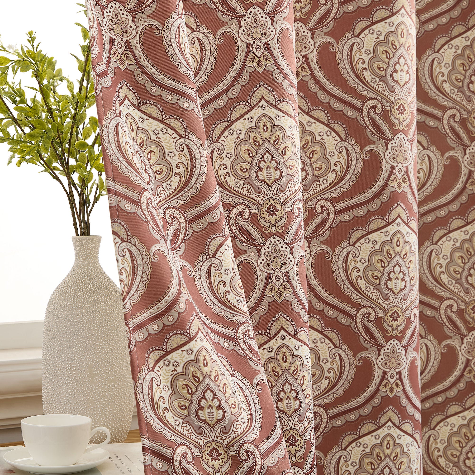 Messina Paisley Damask Back Tab Rod Pocket Window Curtains - Pair