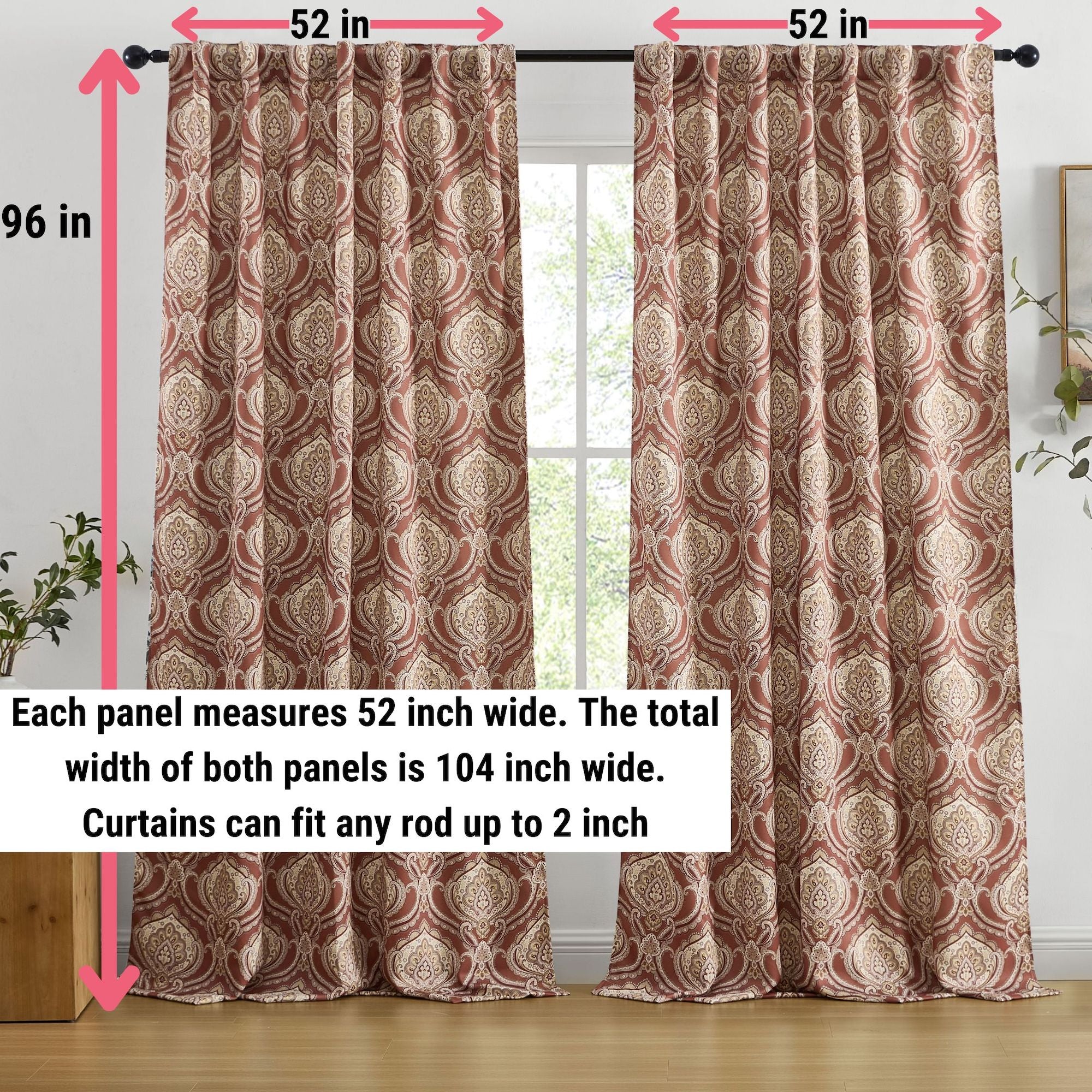 Messina Paisley Damask Back Tab Rod Pocket Window Curtains - Pair