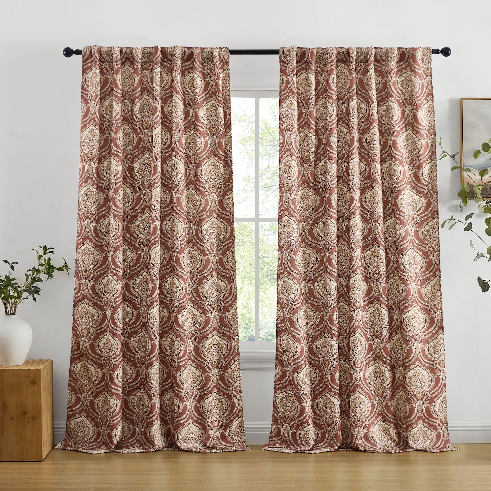 Messina Paisley Damask Back Tab Rod Pocket Window Curtains - Pair