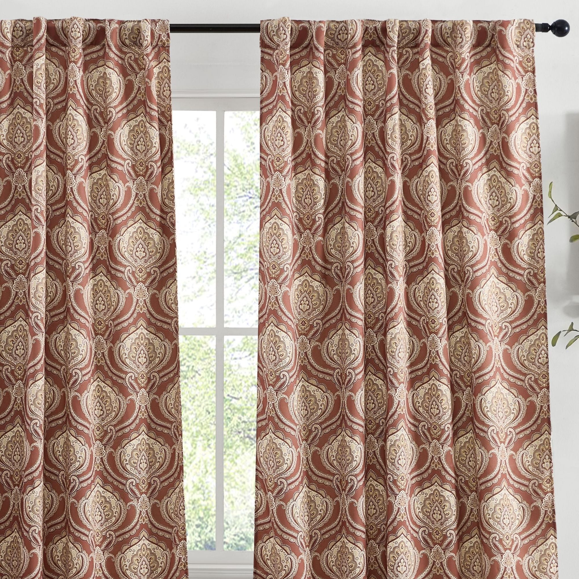 Messina Paisley Damask Back Tab Rod Pocket Window Curtains - Pair