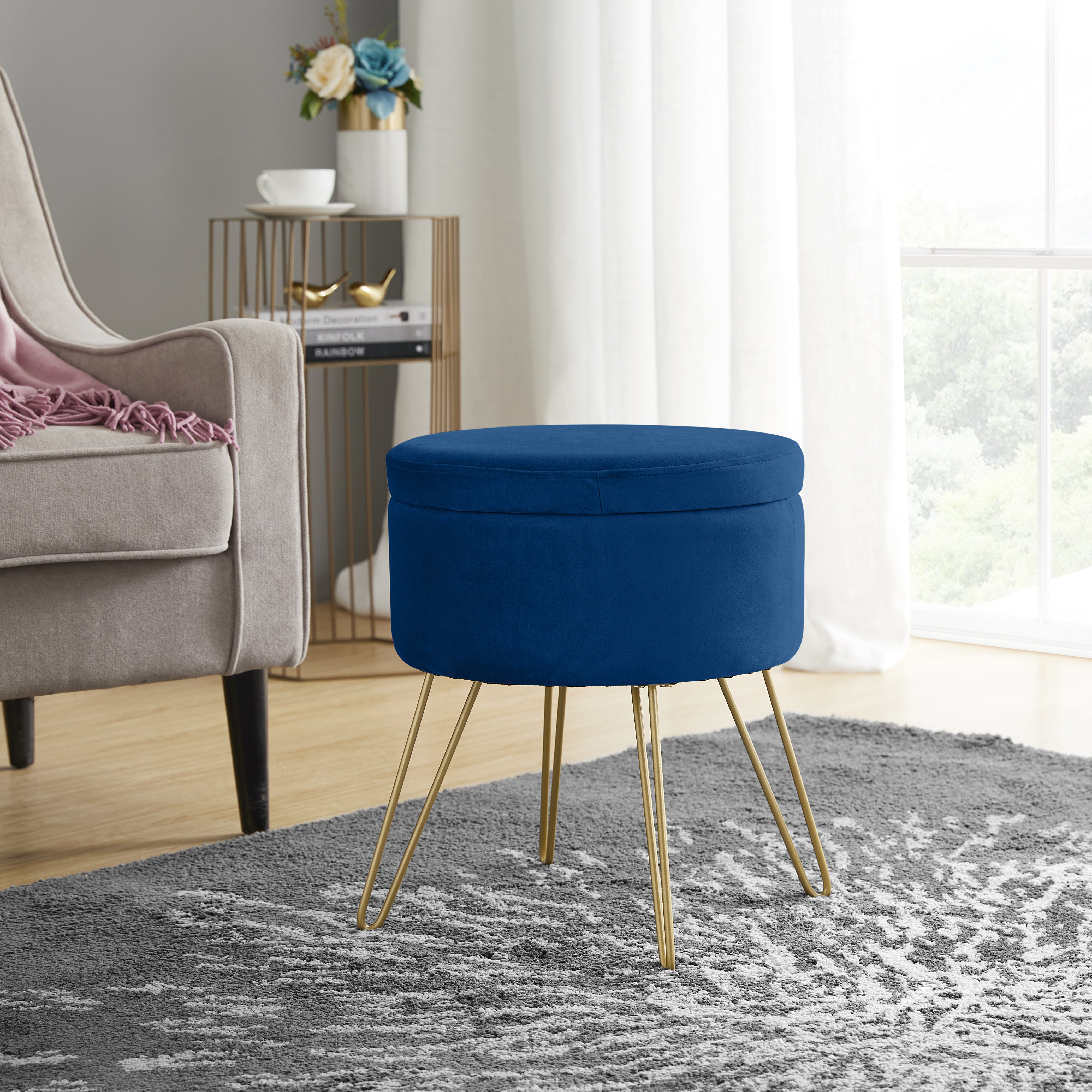 Round Velvet Storage Ottoman with Metal Legs