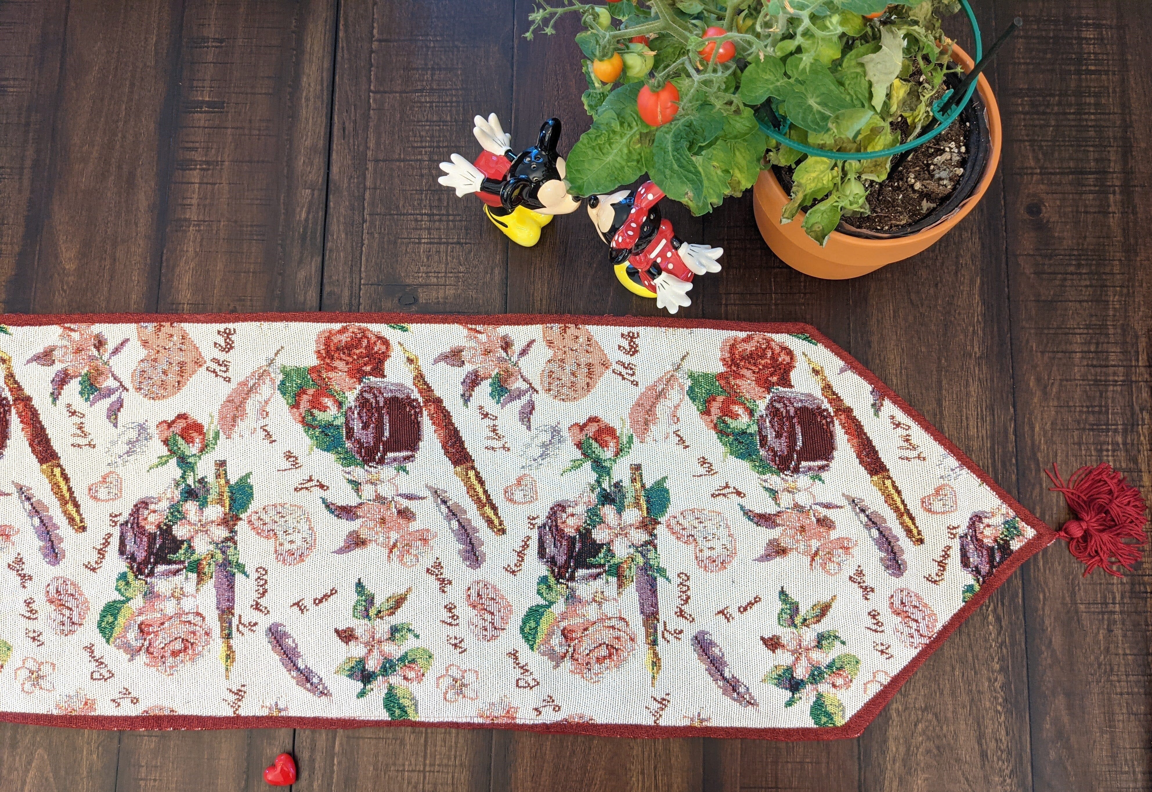 Sweet Heart Love Notes Pink Floral Woven Tapestry Dining Table Runner (18273)
