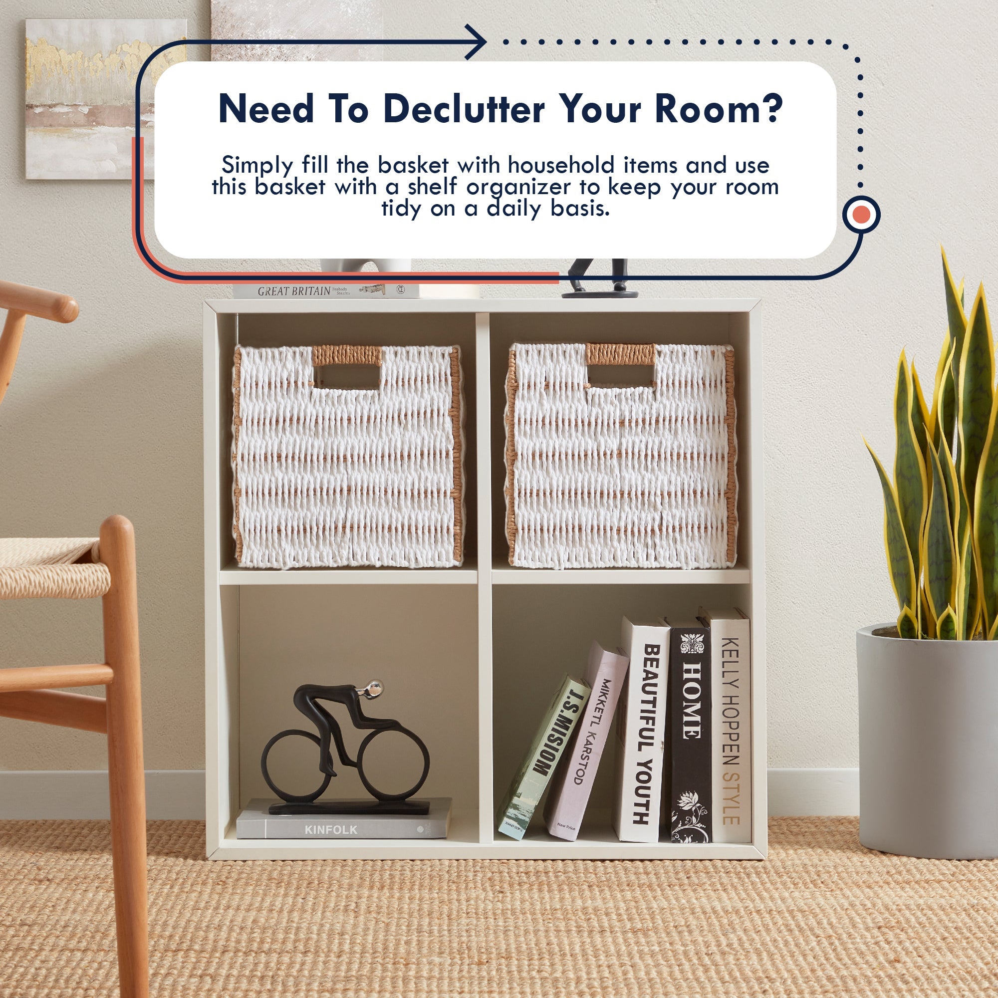 Foldable Paper Wicker Storage Shelf Basket Cube Bin with Handles - Set of 4