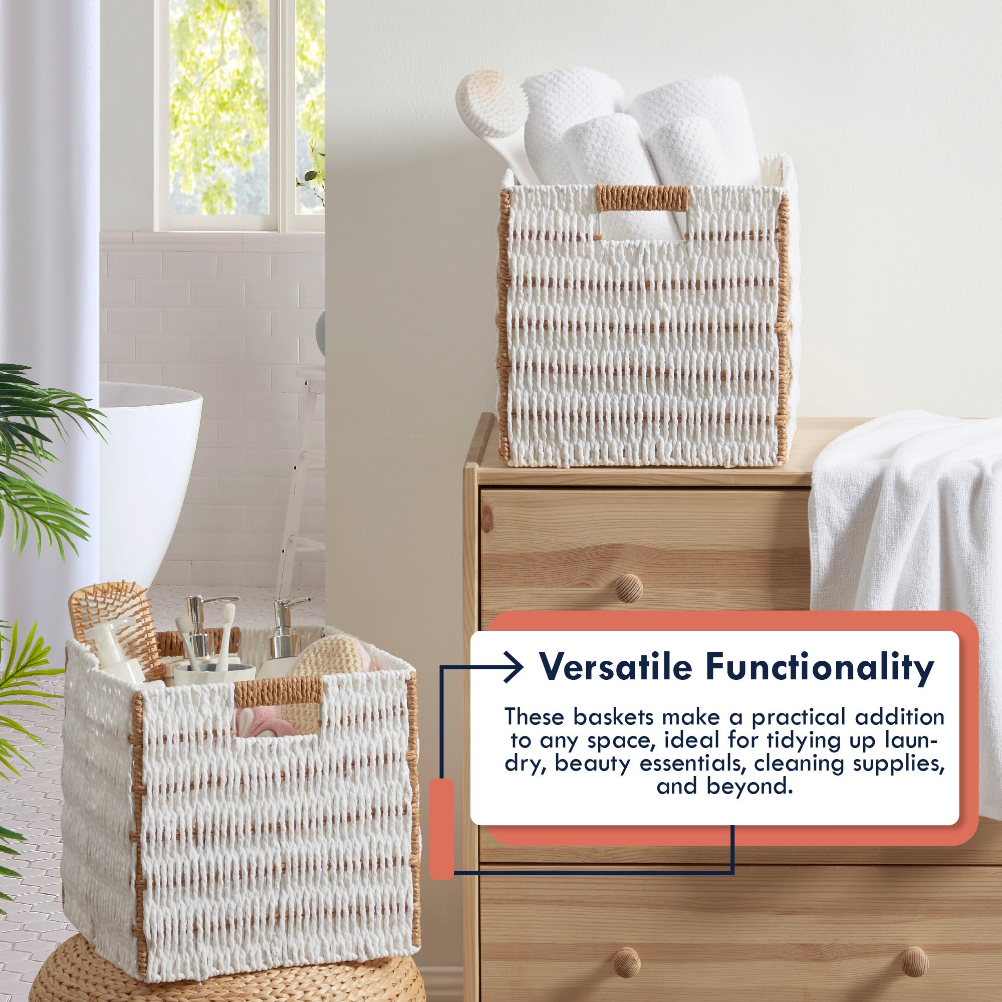 Foldable Paper Wicker Storage Shelf Basket Cube Bin with Handles - White/Brown