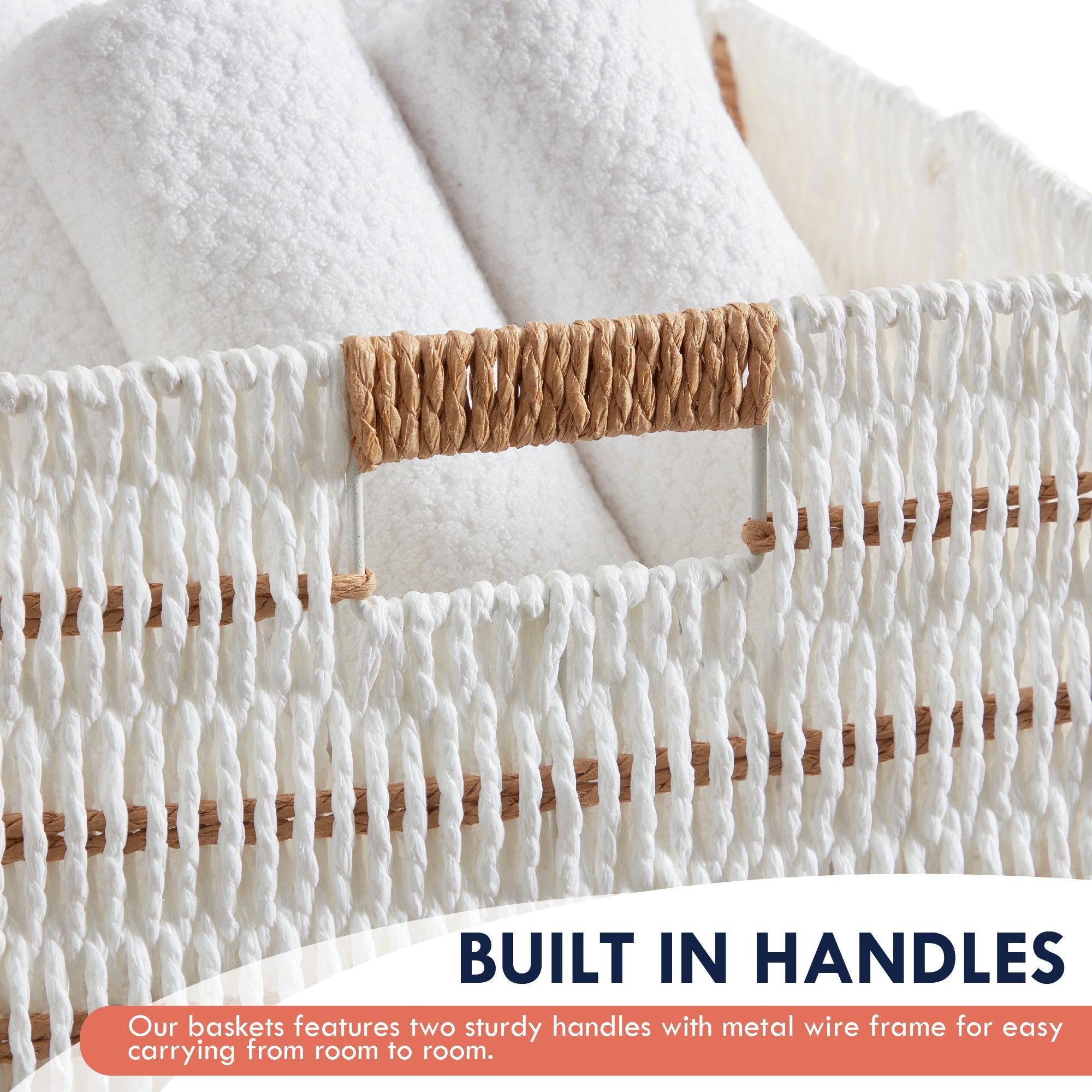 Foldable Paper Wicker Storage Shelf Basket Cube Bin with Handles - White/Brown