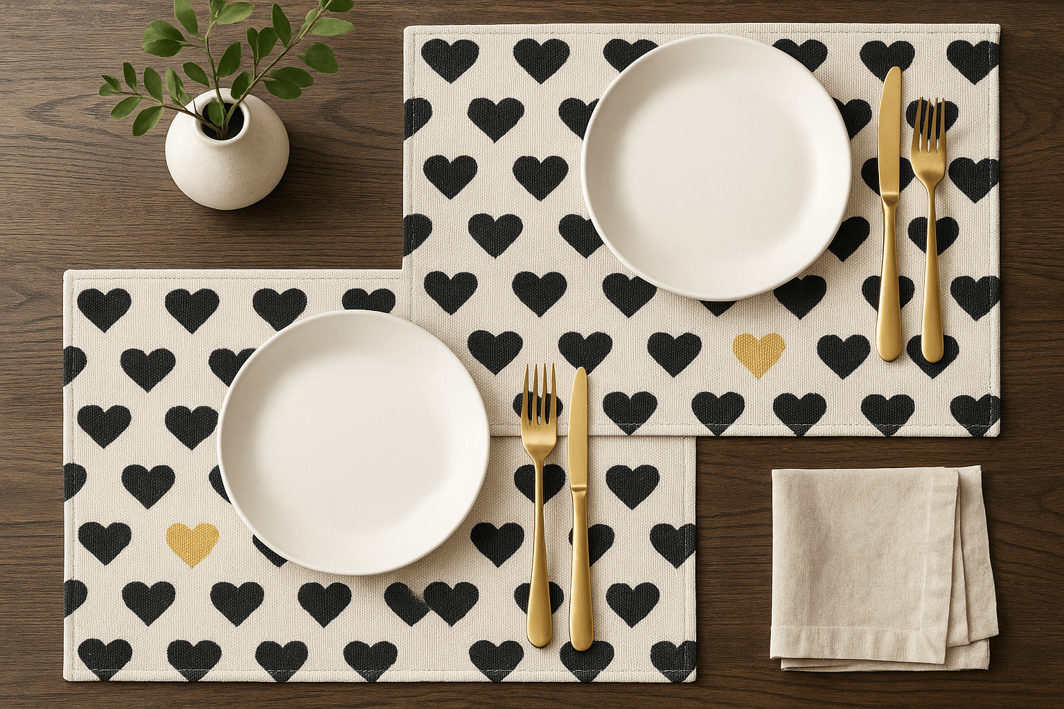 Set of 4-Pieces Lovely Yellow & Black Hearts Tapestry Dining Table Placemats 13" x 19" (18113)