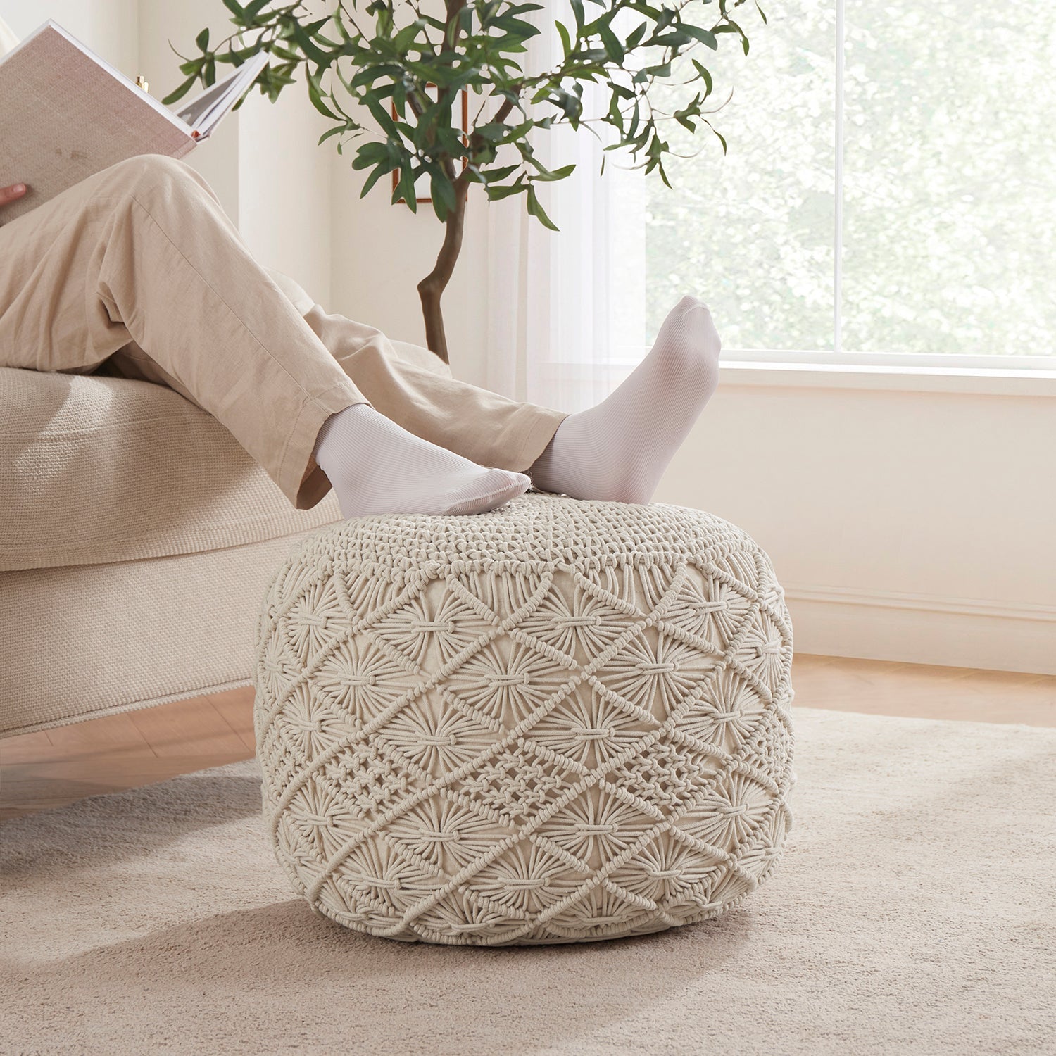 Cotton Macrame Braid Pouf Ottoman