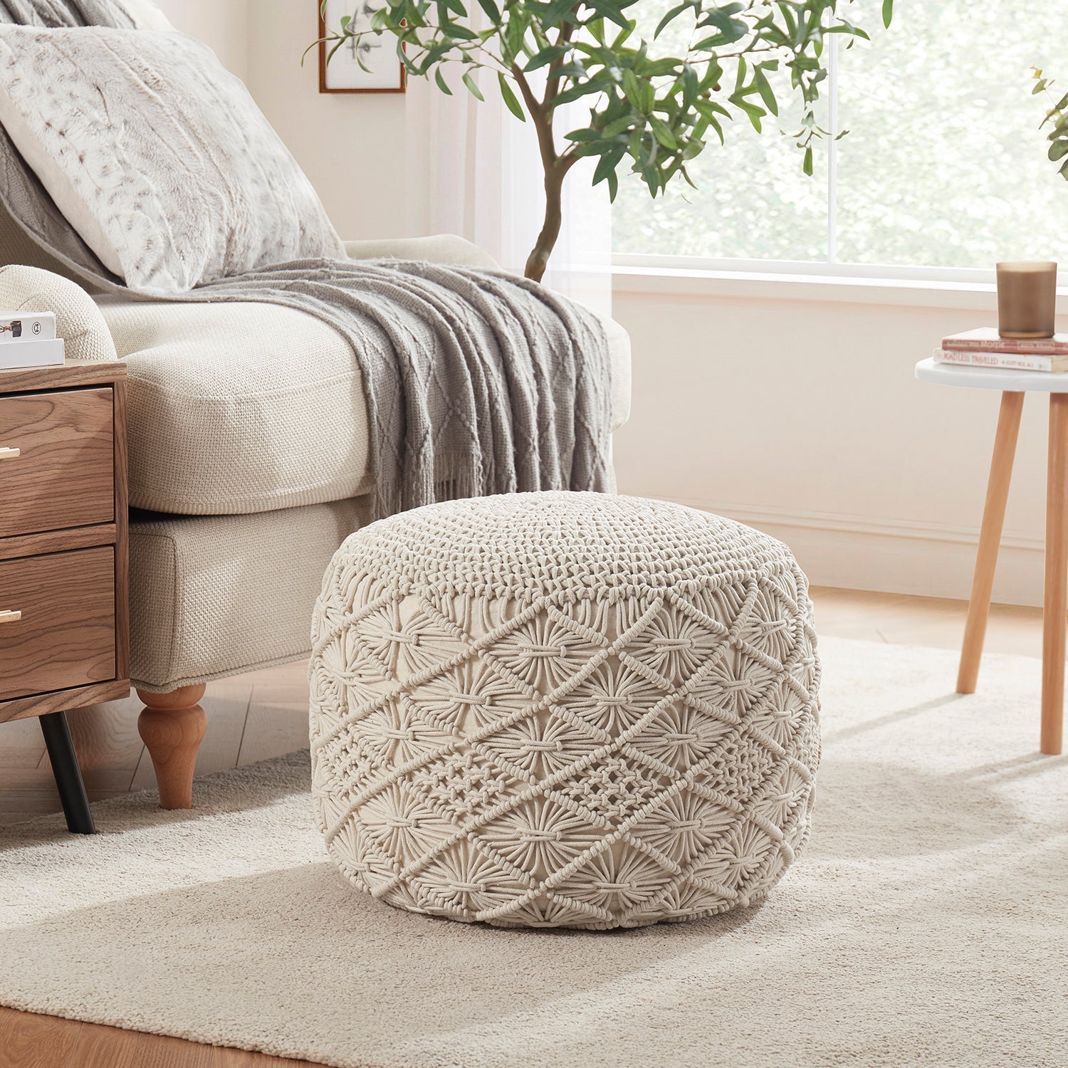 Cotton Macrame Braid Pouf Ottoman