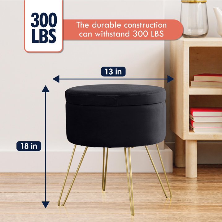 Round Velvet Storage Ottoman with Metal Legs