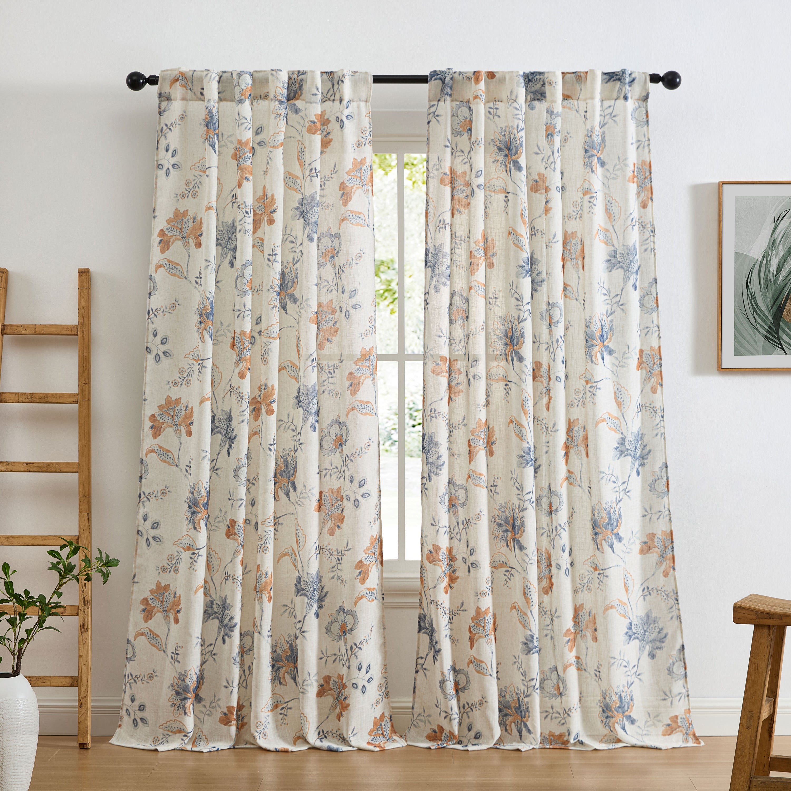 Spring Bloom Linen Floral Rod Pocket Back Tab Curtains