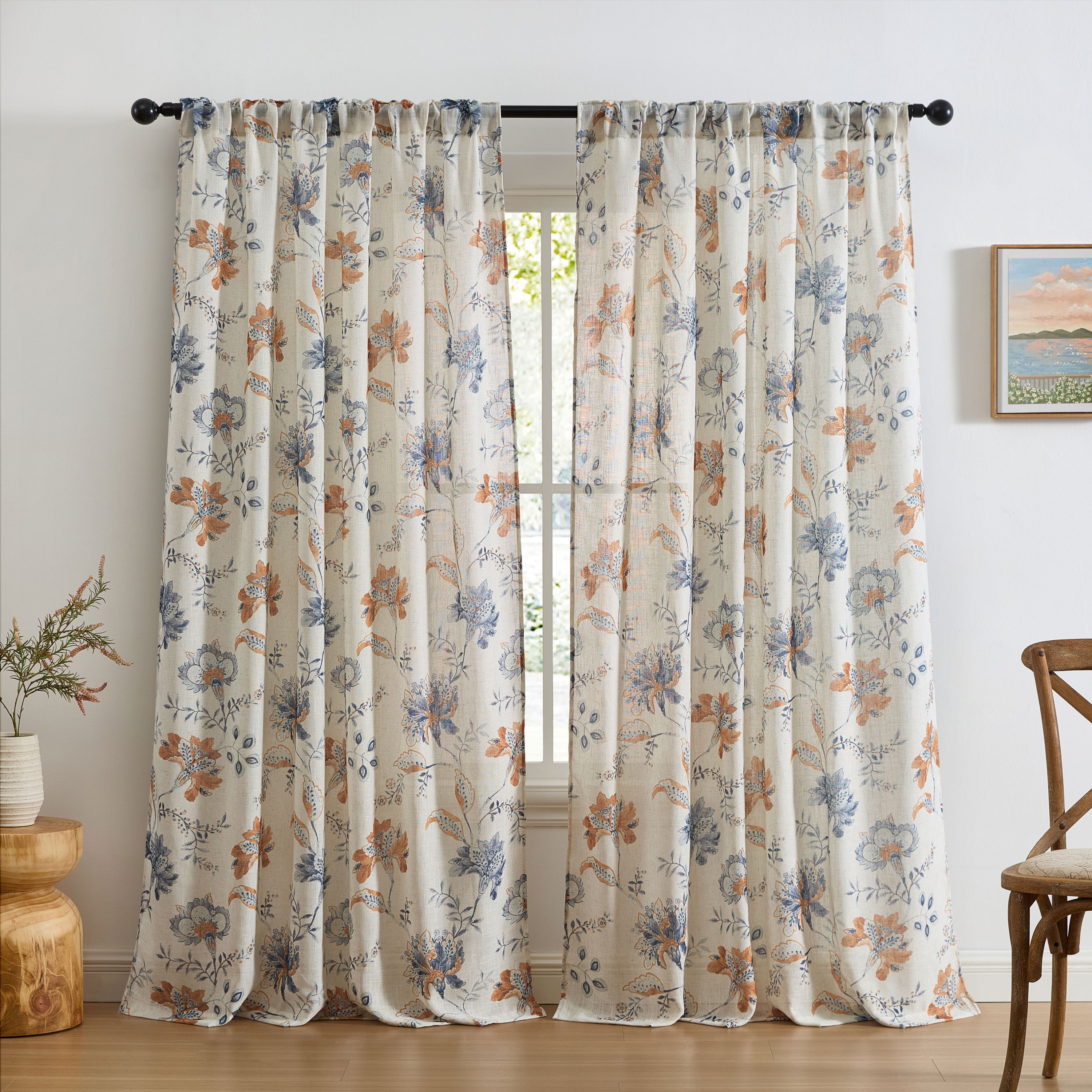 Spring Bloom Linen Floral Rod Pocket Back Tab Curtains
