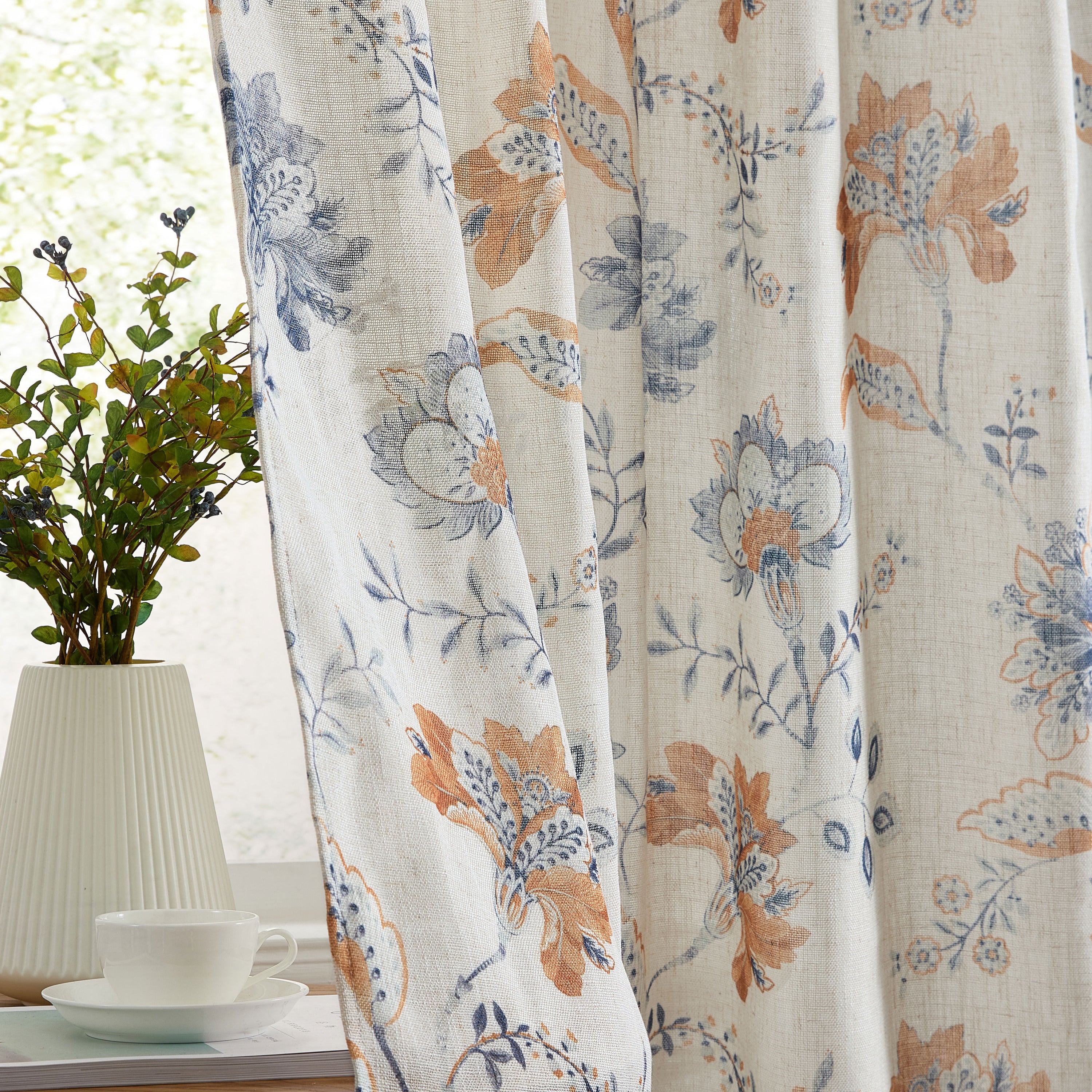 Spring Bloom Linen Floral Rod Pocket Back Tab Curtains