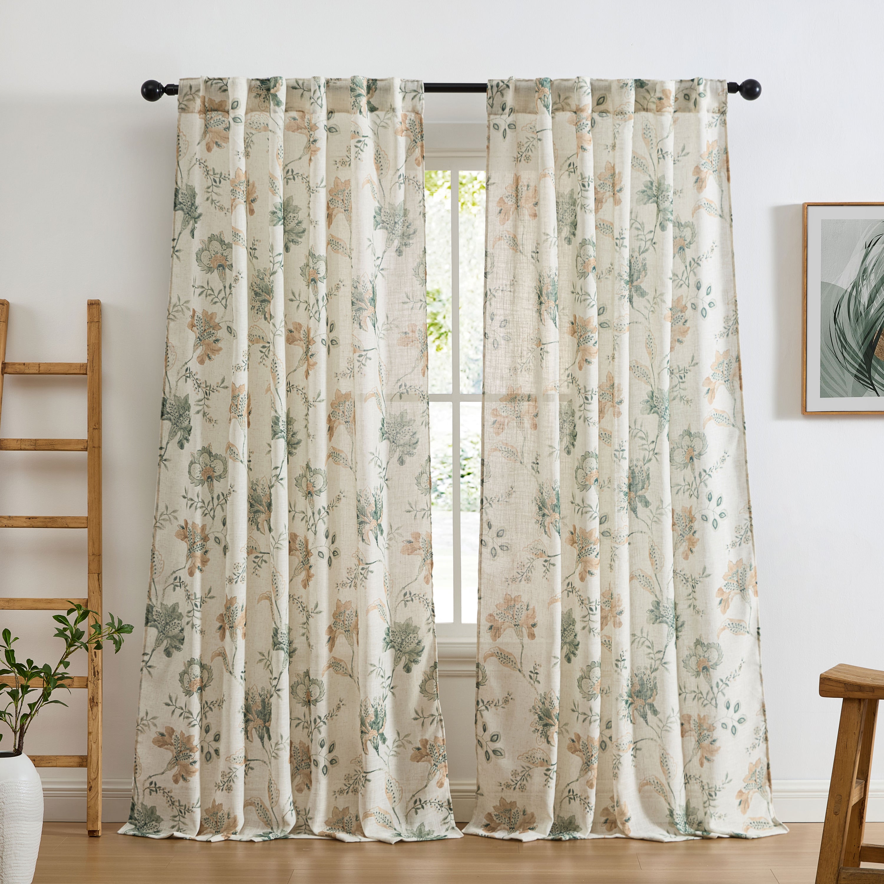 Spring Bloom Linen Floral Rod Pocket Back Tab Curtains