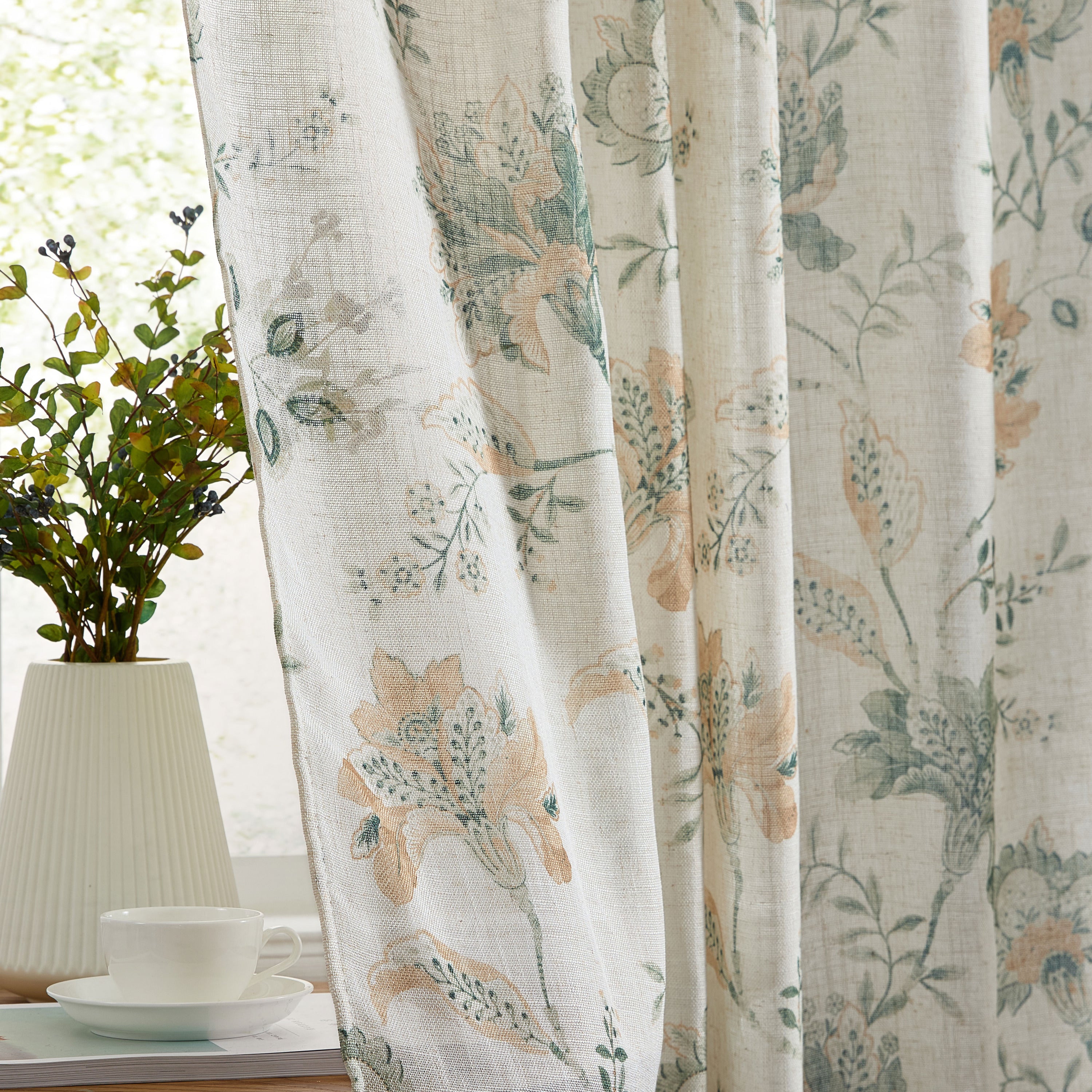 Spring Bloom Linen Floral Rod Pocket Back Tab Curtains