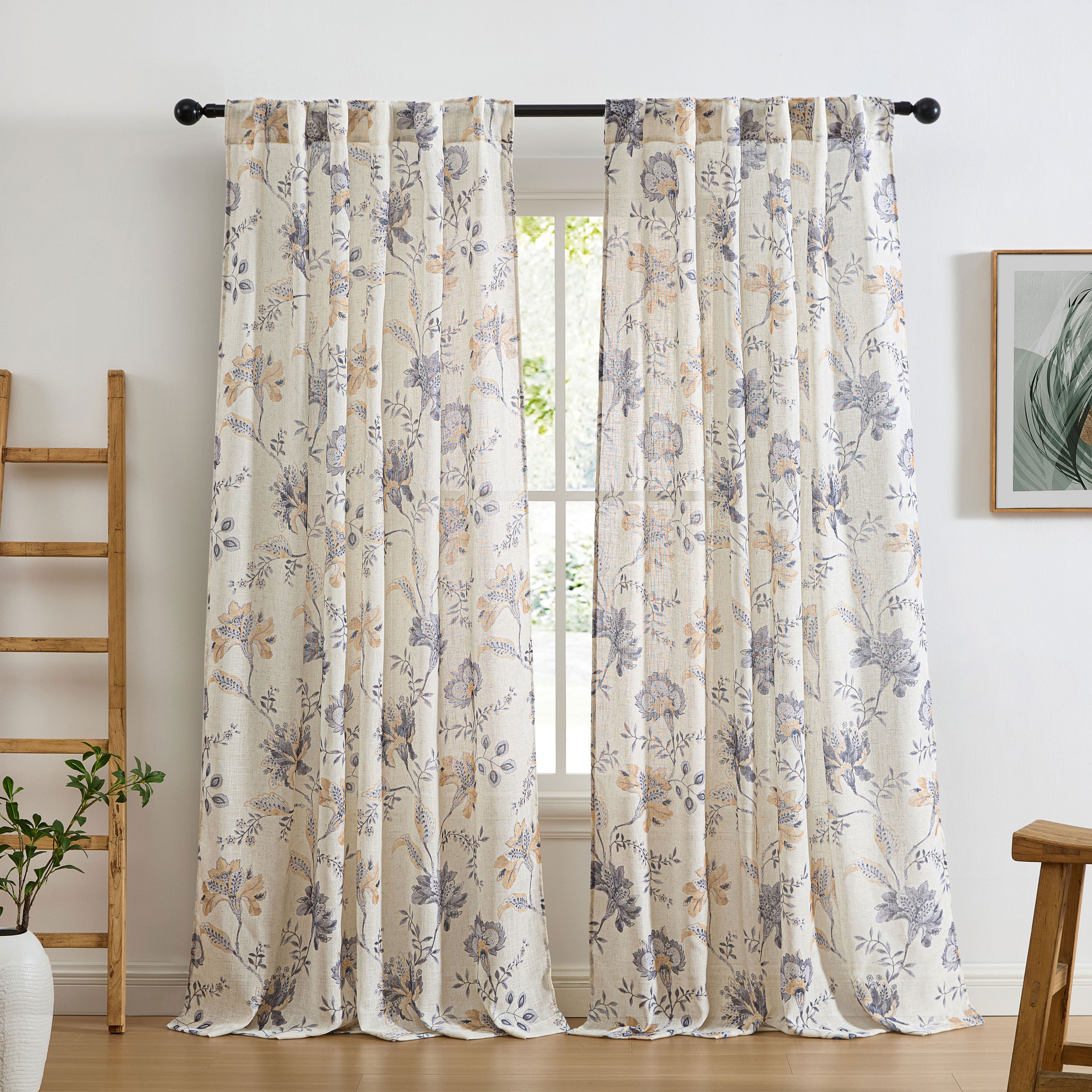 Spring Bloom Linen Floral Rod Pocket Back Tab Curtains