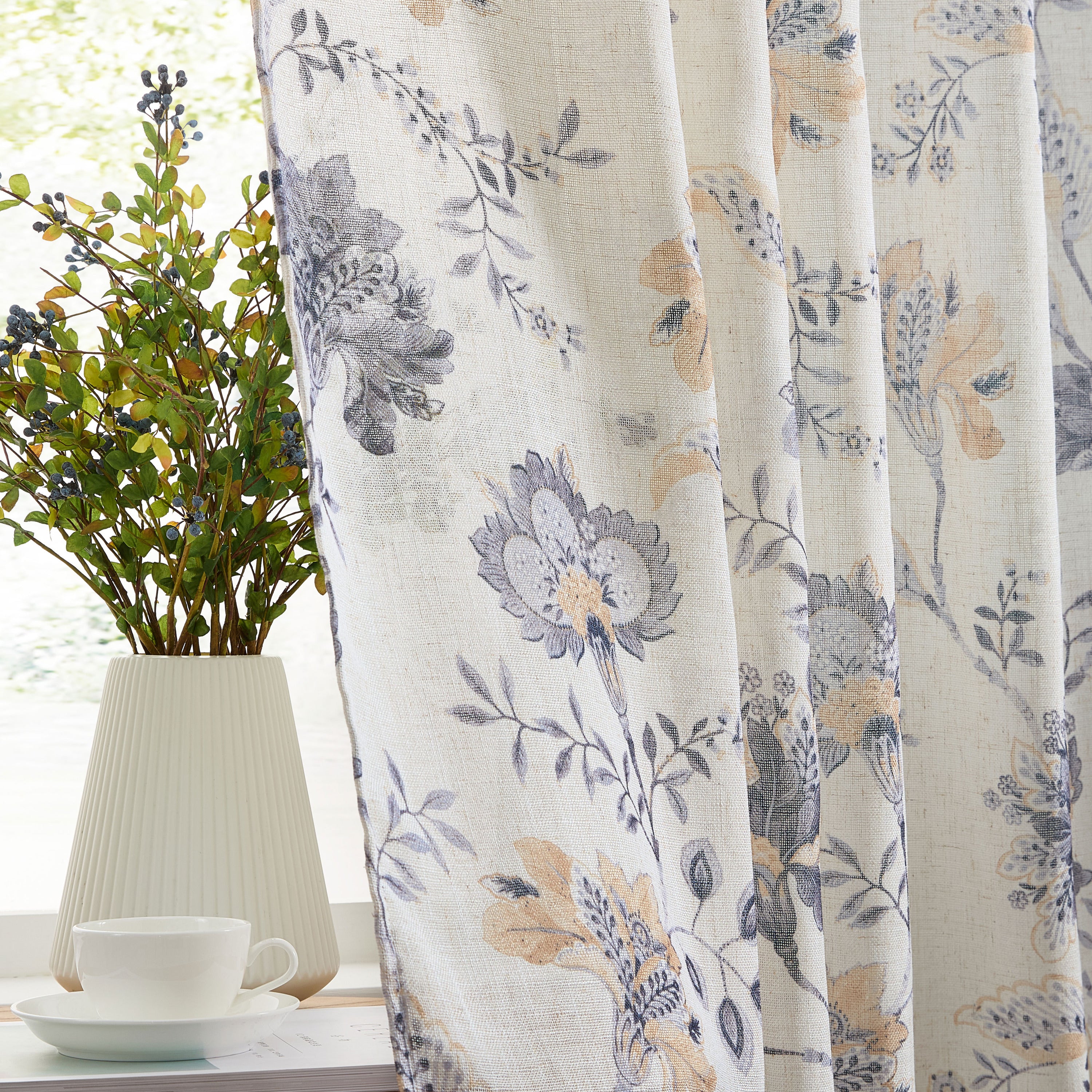 Spring Bloom Linen Floral Rod Pocket Back Tab Curtains