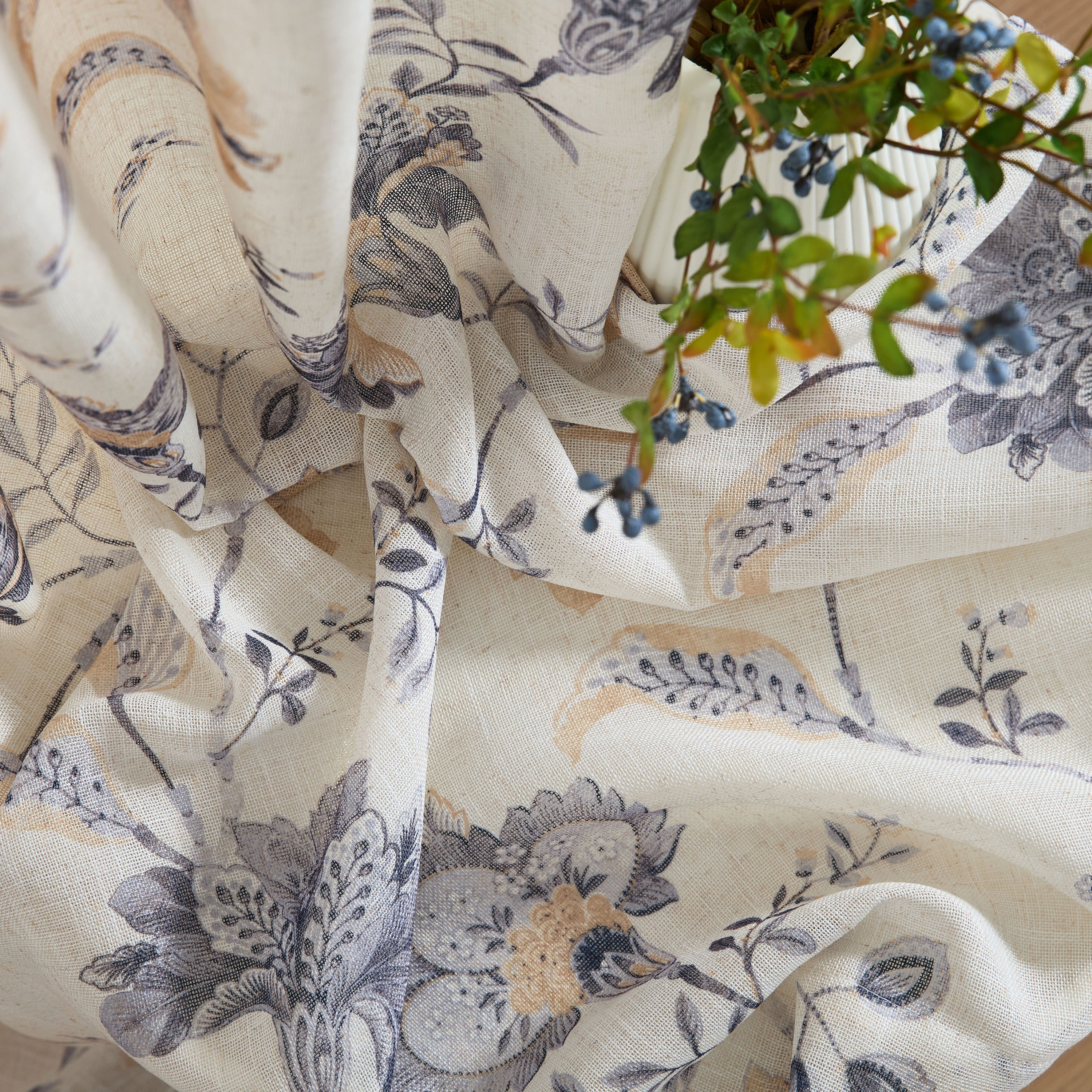 Spring Bloom Linen Floral Rod Pocket Back Tab Curtains
