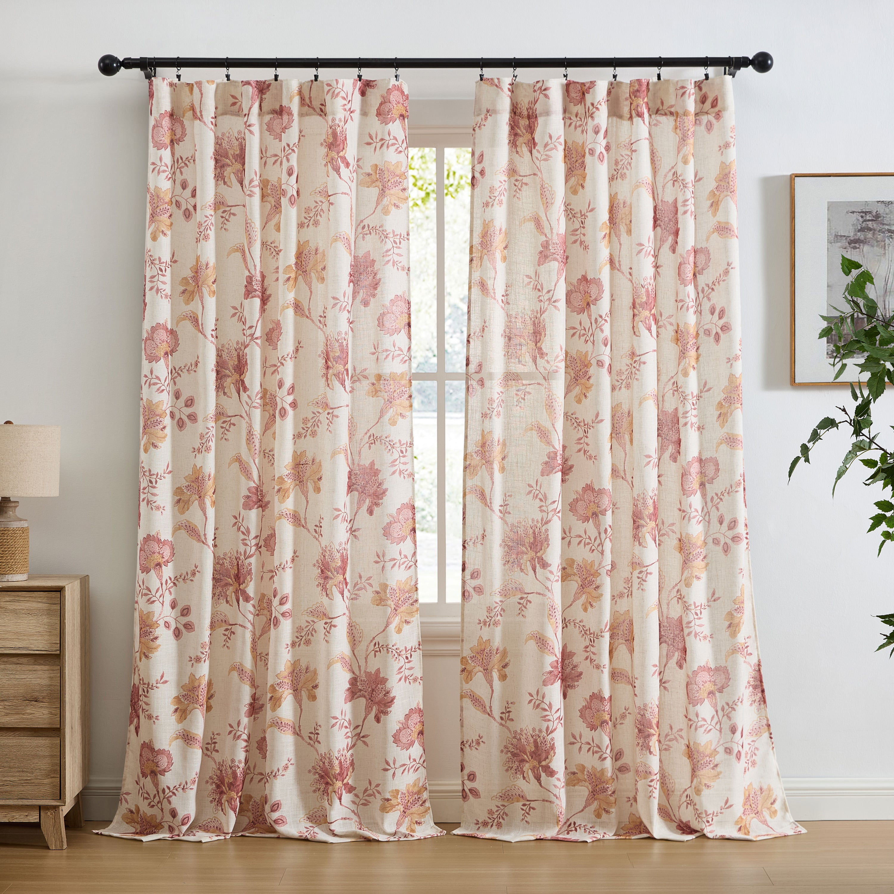 Spring Bloom Linen Floral Rod Pocket Back Tab Curtains