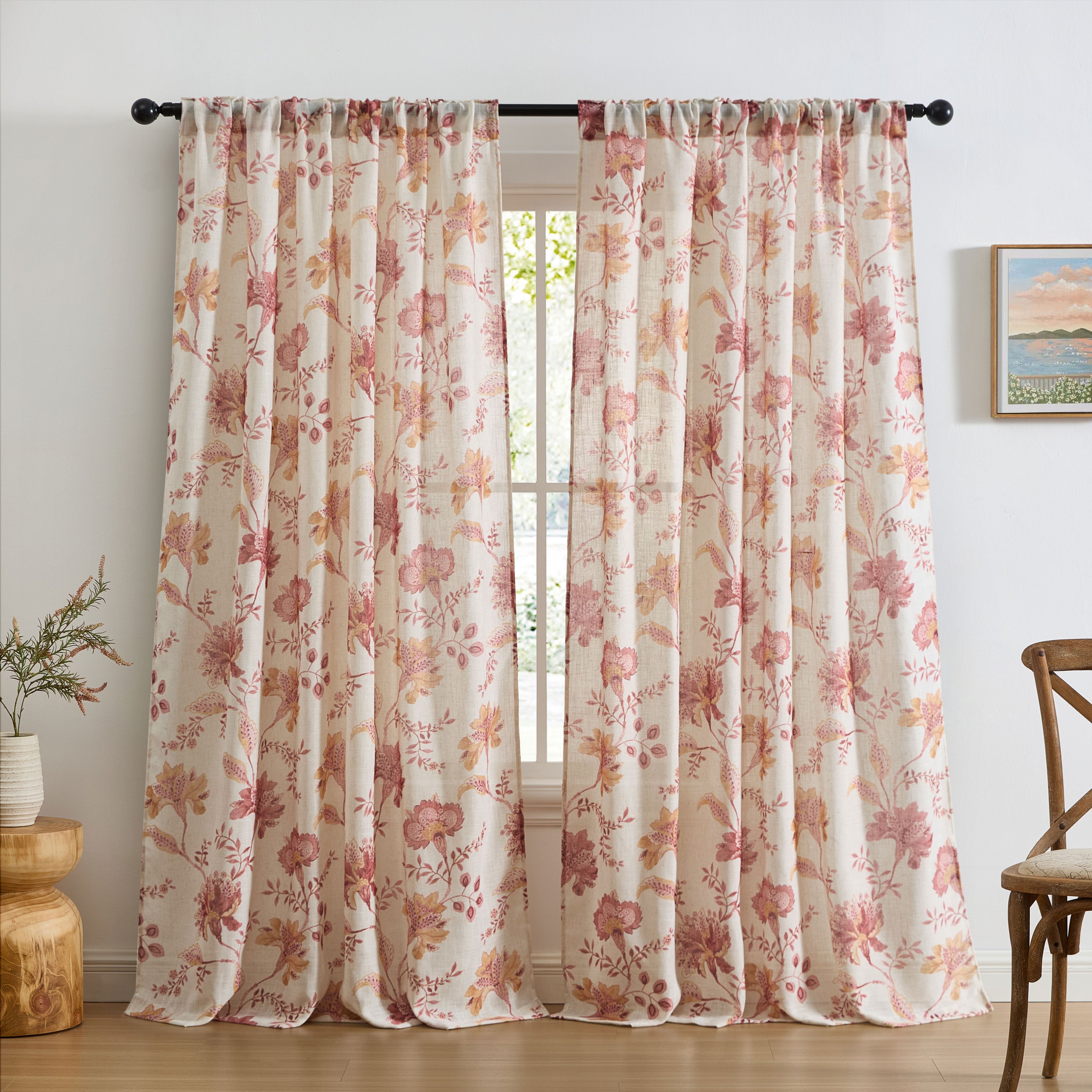 Spring Bloom Linen Floral Rod Pocket Back Tab Curtains